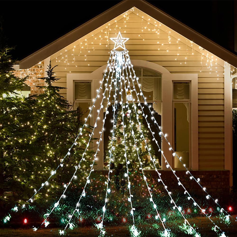 Solarbetriebene Lichterkette, Kaskadenförmige Weihnachtsbaumbeleuchtung Mit Einem Stern An Der Spitze (weißes Licht)