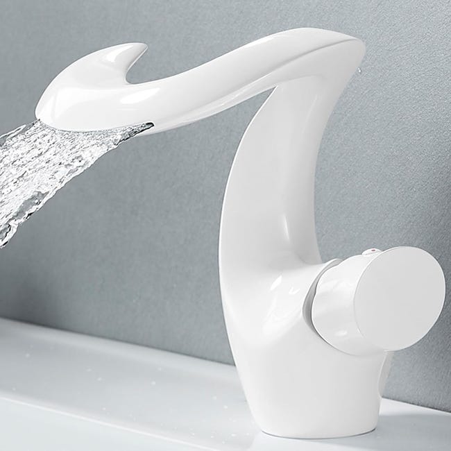 Messing-wasserfall-waschtischarmatur Mit Warm- Und Kaltwasseranschluss, Einhebel-waschtischmischer, Elegante Waschtischarmatur, Weiß
