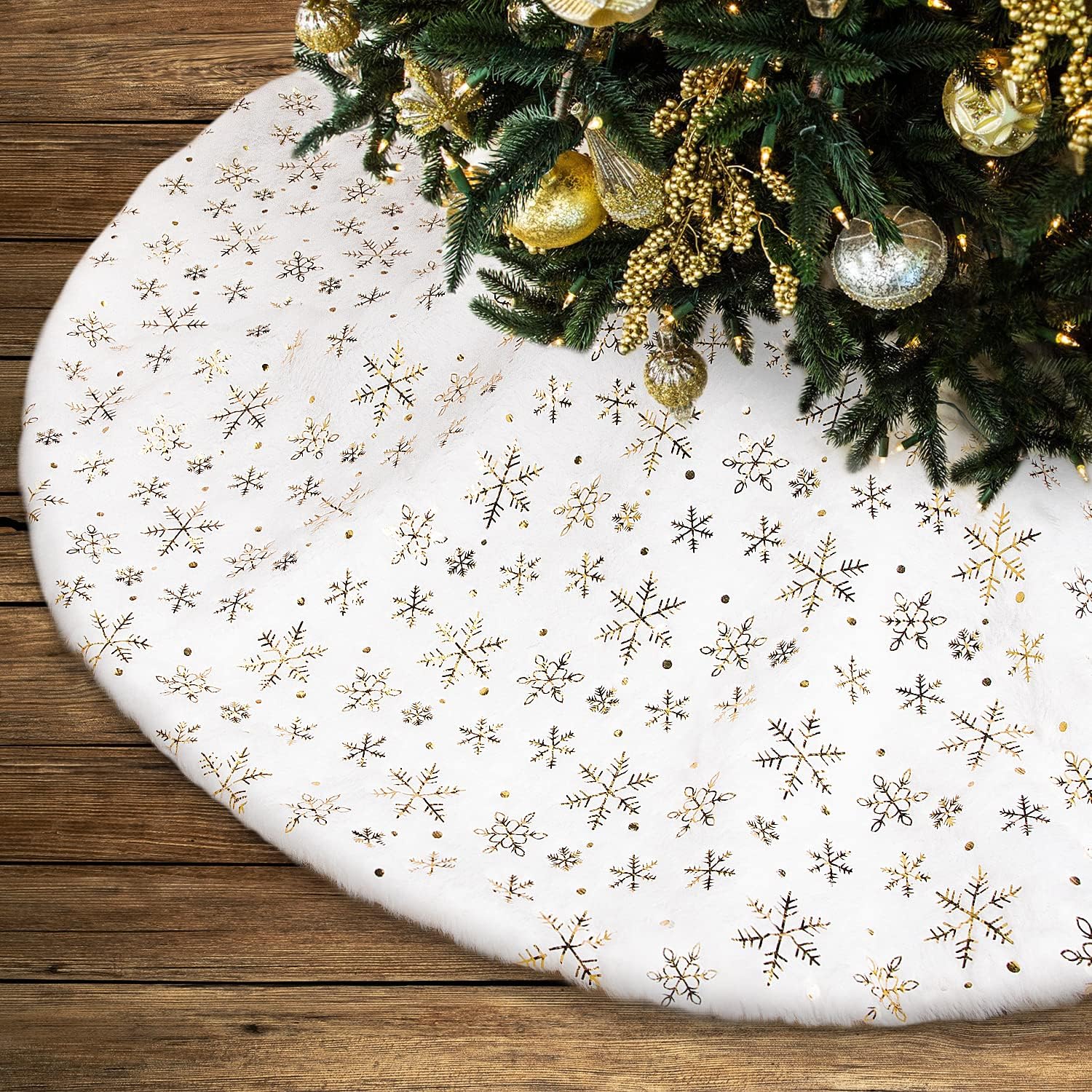 Weihnachtsbaumdecke, Weihnachtsbaumständer, Weihnachtsbaummatte, Goldene Glitzerschneeflocken (weiß, 150 Cm)