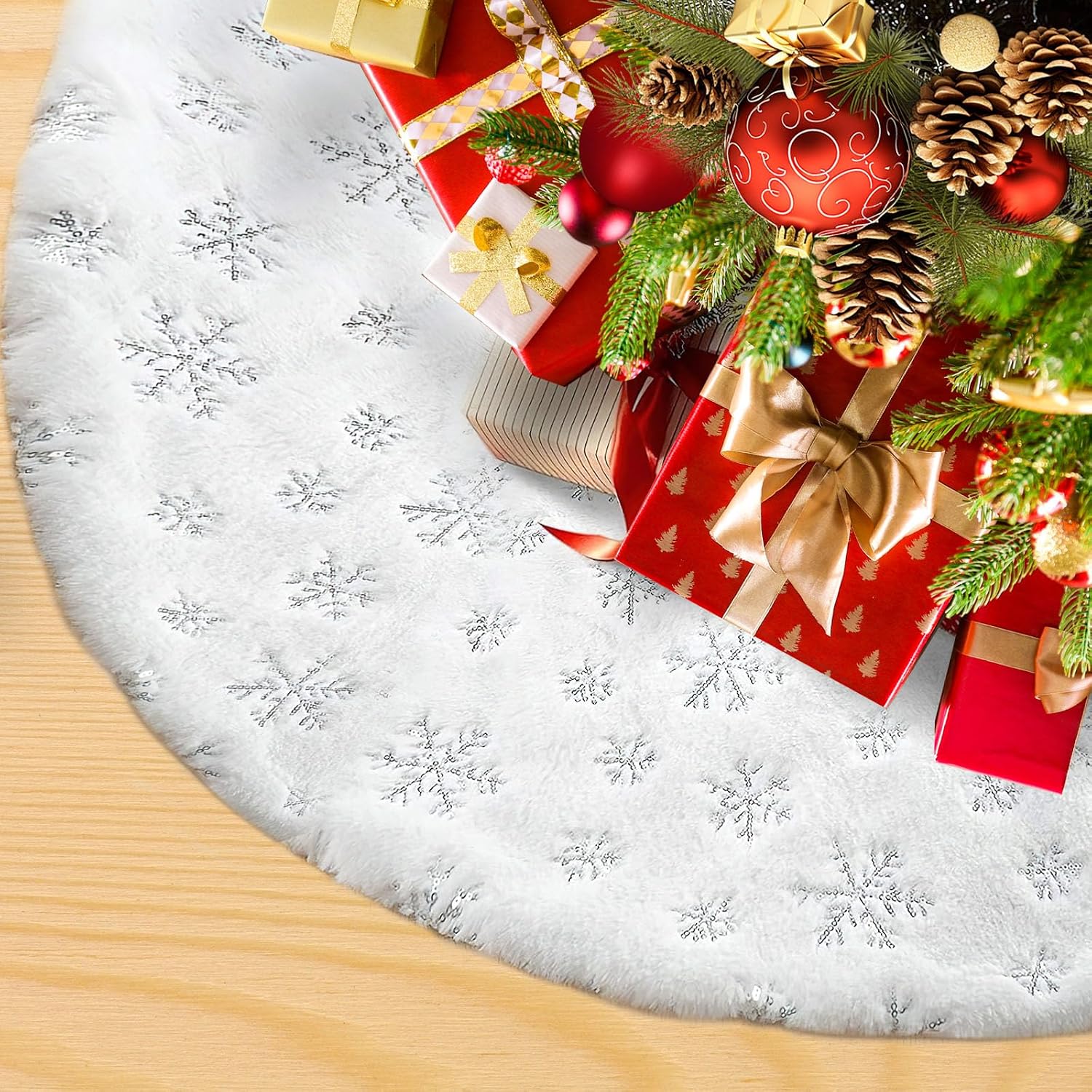 Weihnachtsbaumdecke, Weihnachtsbaumständer, Weihnachtsbaummatte, Geeignet Zur Dekoration, Silberne Schneeflocken, 150 Cm