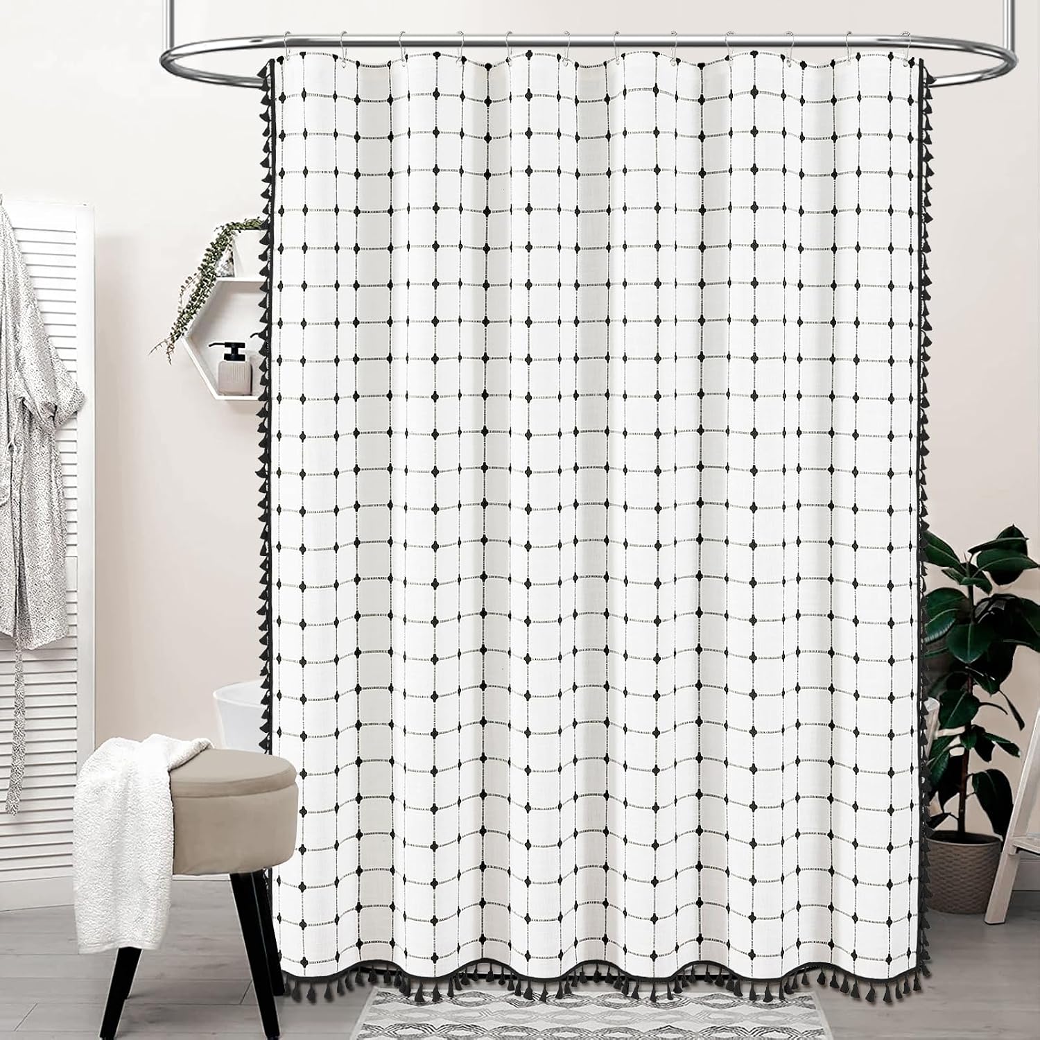 Duschvorhang Im Boho-stil Mit Quasten, Leinenstoff, Ideal Für Die Badezimmerdekoration, 183 X 198 Cm (weißer Hintergrund Mit Schwarzen Karos)
