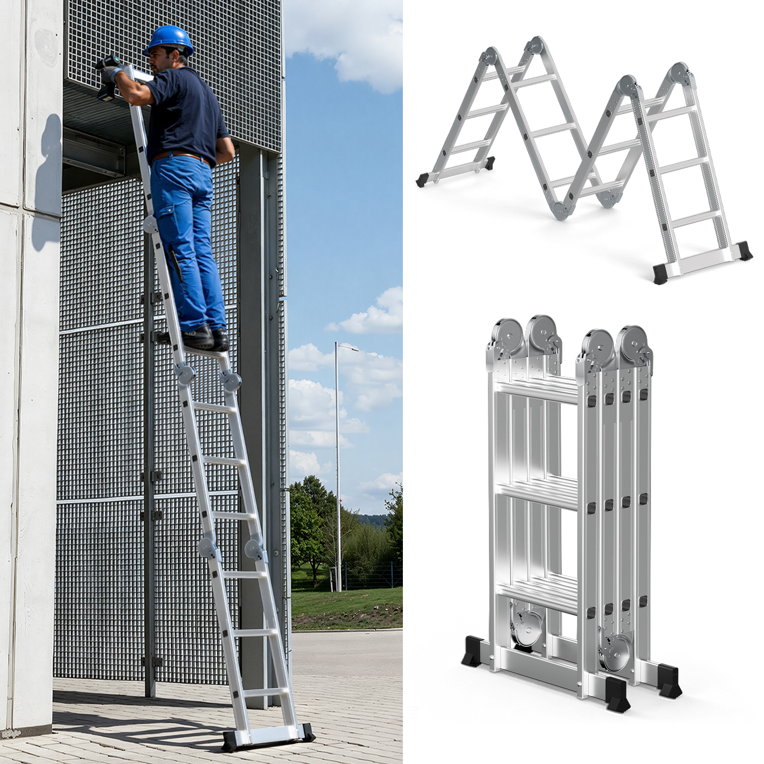 Jiubiaz Mehrzweckleiter Multifunktionsleiter 7in1 4x3 Stufen, Ca. 360cm / 3.6m, Alu Gelenkleiter Klappbar, Anlege- & Stehleiter, Max. Belastbarkeit 150 Kg