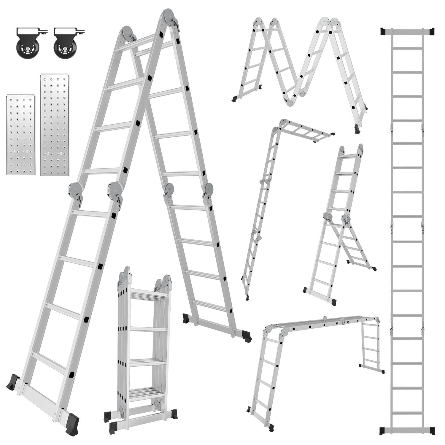 Jiubiaz Aluminium Mehrzweckleiter 7in1 4x4 Stufen, Ca. 470cm / 4.7m, Klappleiter Gelenkleiter Mit Plattformen, Rollen & Anti-rutsch, Max. Belastbarkeit 150 Kg