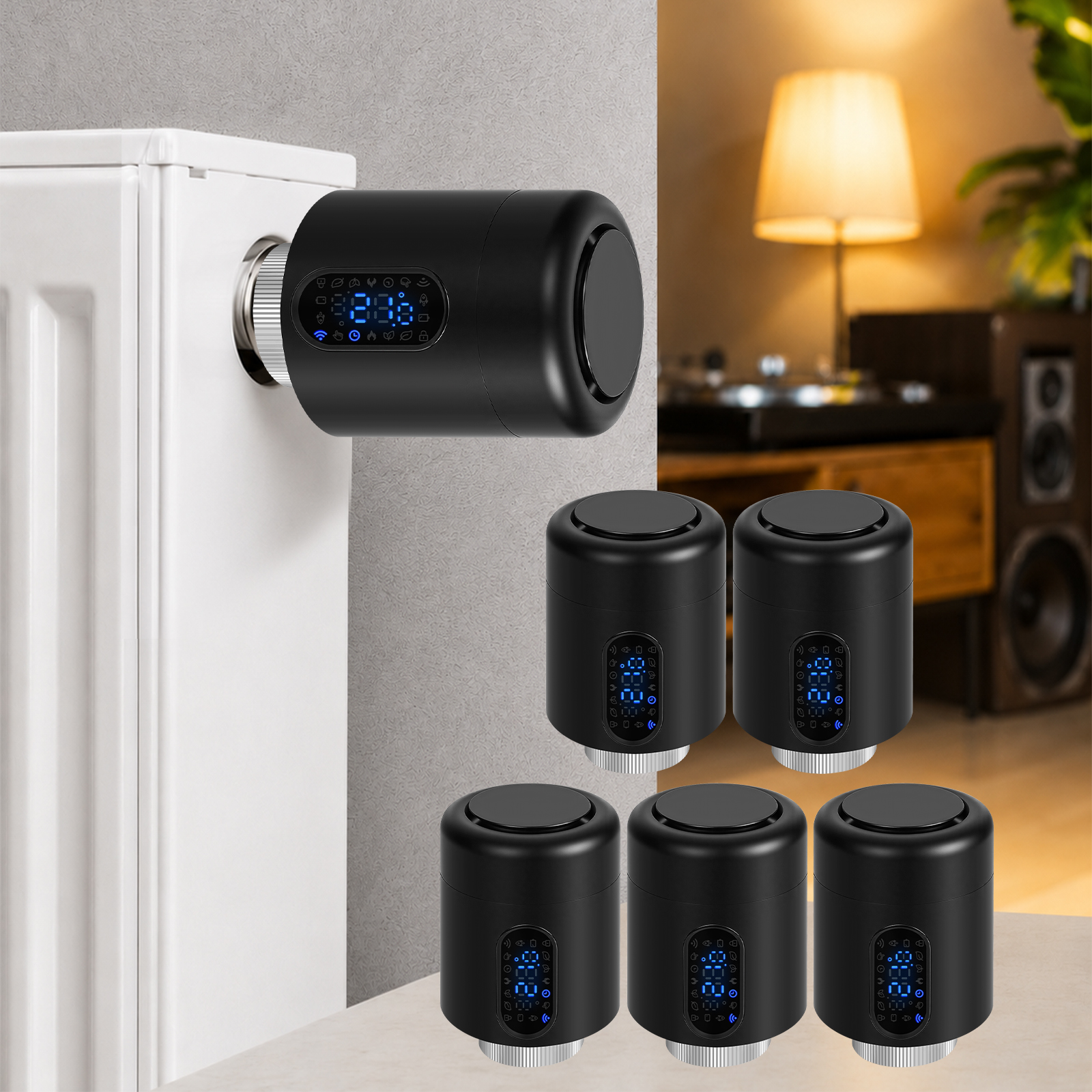 Jiubiaz Smartes Heizkörperthermostat Wifi, App-steuerung, Smart Life/tuya, 7 Ventiladapter Je Thermostat, Schwarz, 5er-set