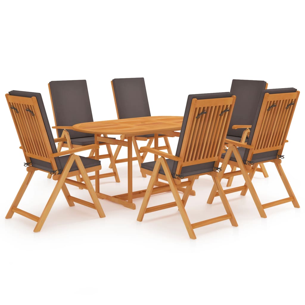 7-tlg. Garten-essgruppe Mit Grauen Kissen Massivholz Teak Vidaxl
