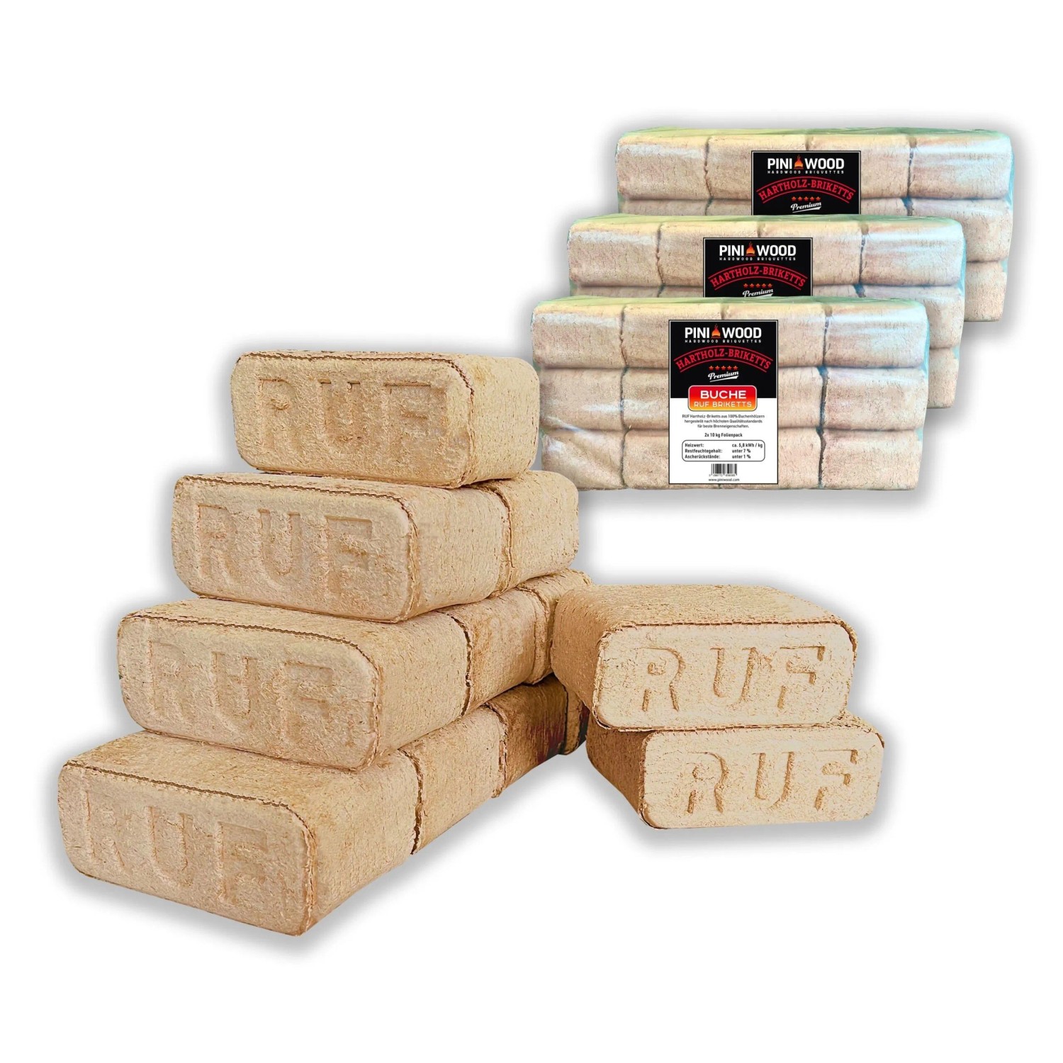 PINI Holzbriketts 30 kg RUF 100% Buche Hartholzbriketts Kamin Ofen Grill Feuerstelle Brennholz