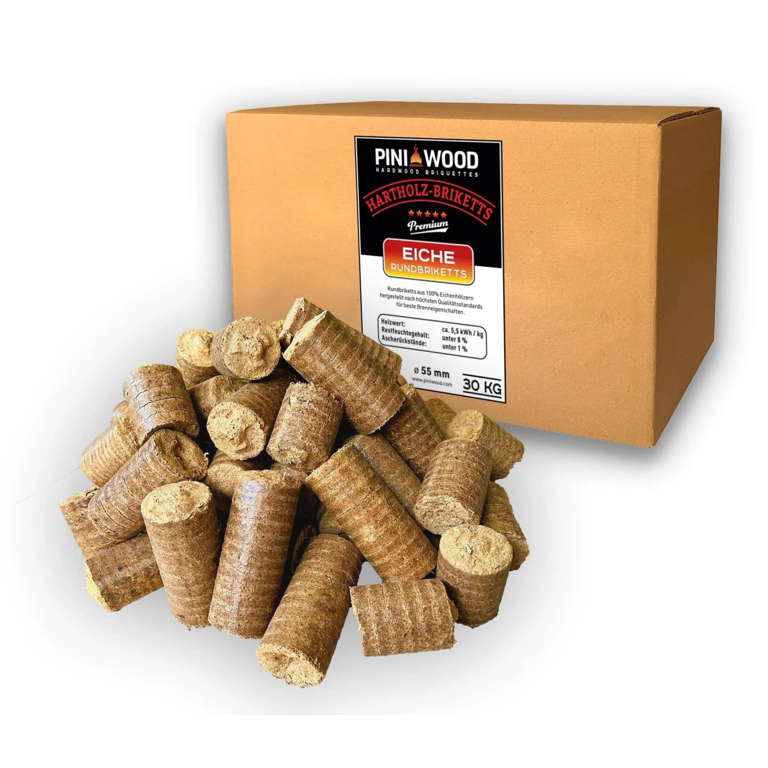 PINI Hartolzbriketts 100% Eiche 30 kg Kamin Ofen Brennholz Grill Eichenbriketts Briketts mit Langer Brenndauer