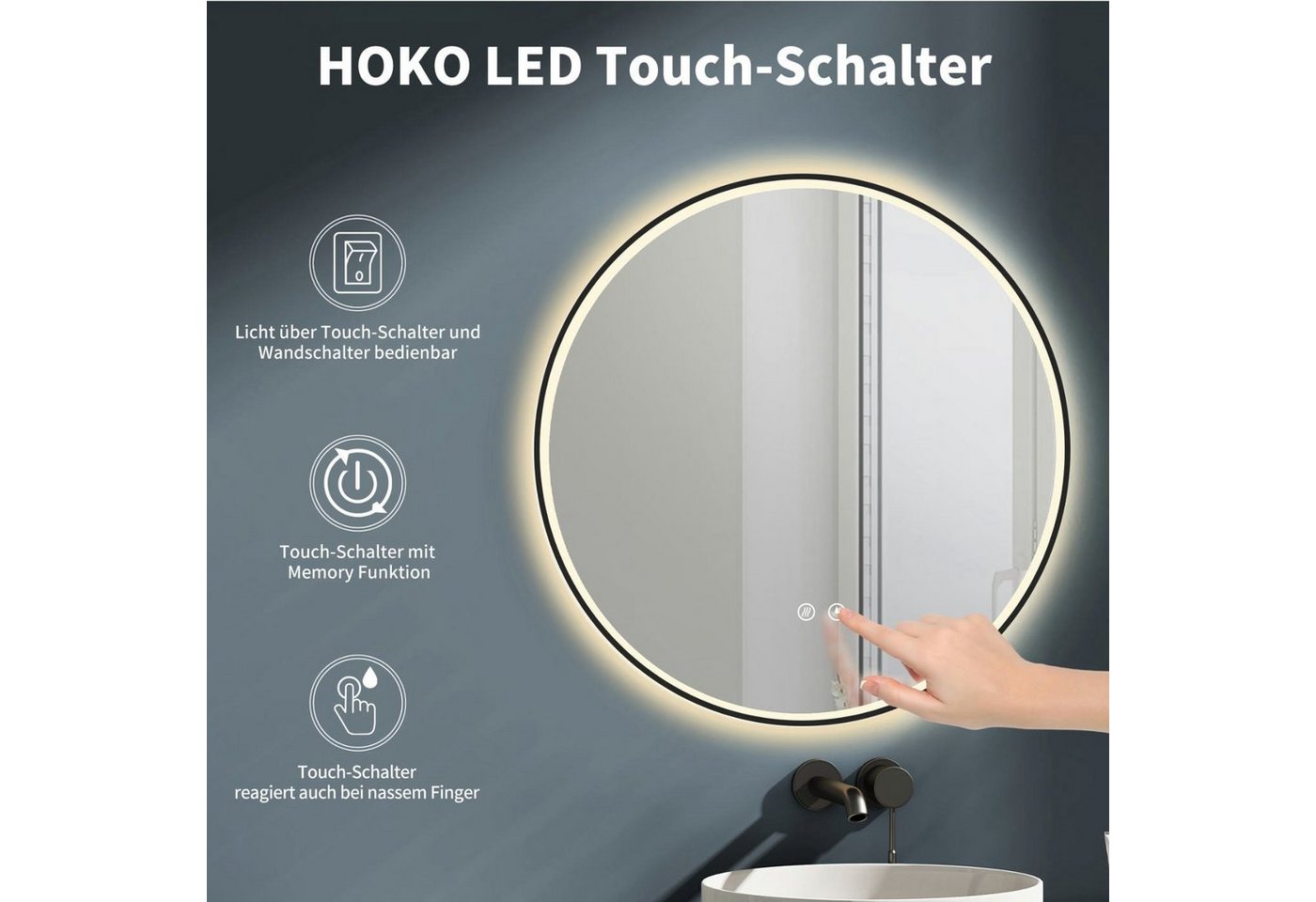 HOKO Badspiegel rund mit Beleuchtung, Anti-Beschlag und Memory-Funktion (60 cm LED-Wandspiegel mit schwarzem Metallrahmen, mit Touch-Schalter, Memory-Funktion und frei wählbaren Lichtfarben), für Bad, Gäste-WC, Schminktisch, Ankleide und Flur, IP44, Salerno
