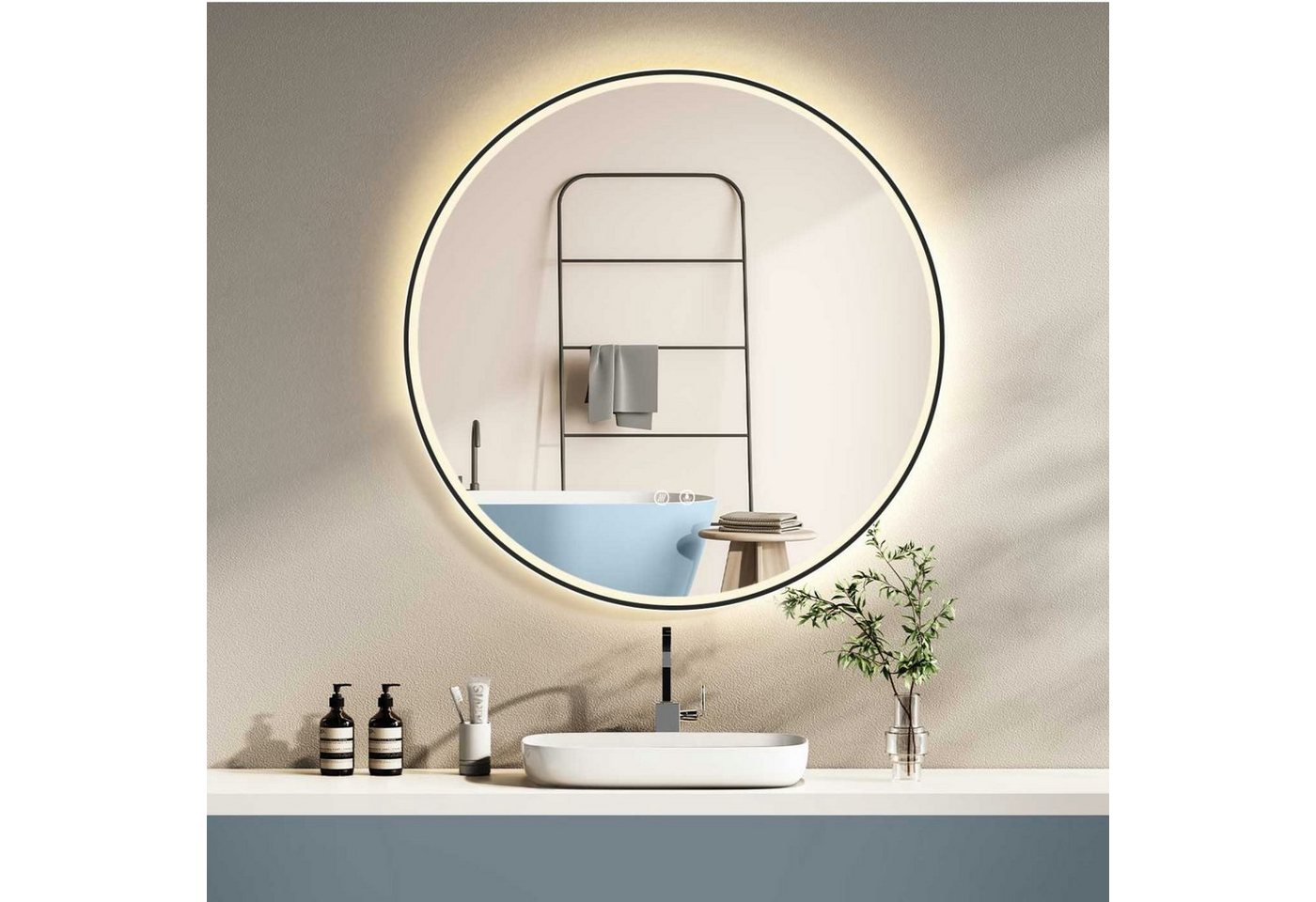 HOKO Badspiegel rund mit Beleuchtung, Anti-Beschlag und Memory-Funktion (60 cm LED-Wandspiegel mit schwarzem Metallrahmen, mit Touch-Schalter, Memory-Funktion und frei wählbaren Lichtfarben), für Bad, Gäste-WC, Schminktisch, Ankleide und Flur, IP44, Salerno Bild 2
