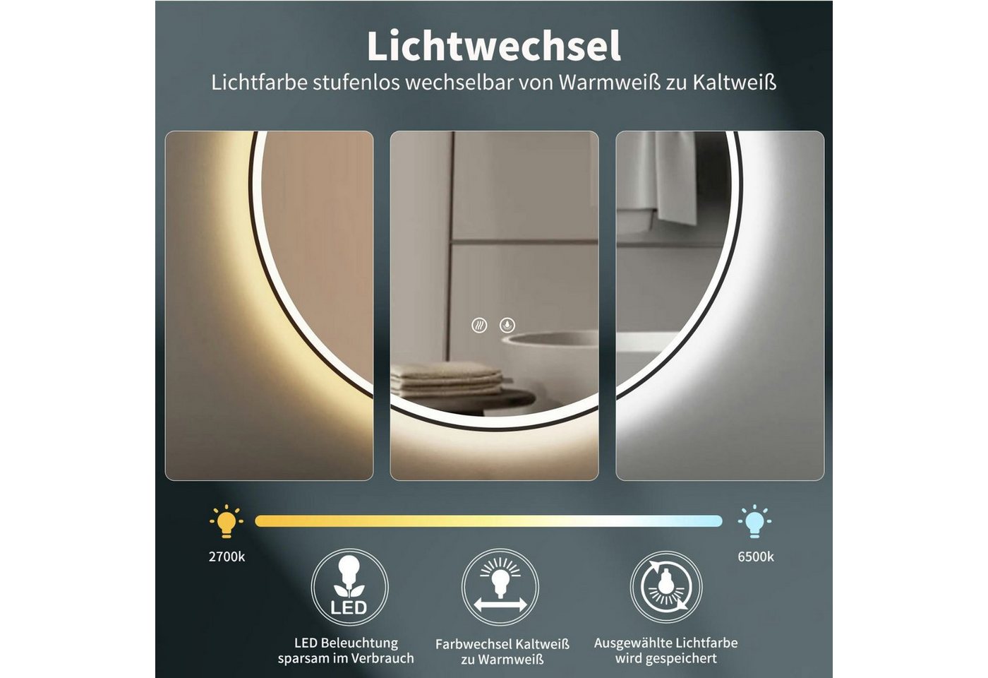 HOKO Badspiegel rund mit Beleuchtung, Anti-Beschlag und Memory-Funktion (60 cm LED-Wandspiegel mit schwarzem Metallrahmen, mit Touch-Schalter, Memory-Funktion und frei wählbaren Lichtfarben), für Bad, Gäste-WC, Schminktisch, Ankleide und Flur, IP44, Salerno Bild 3