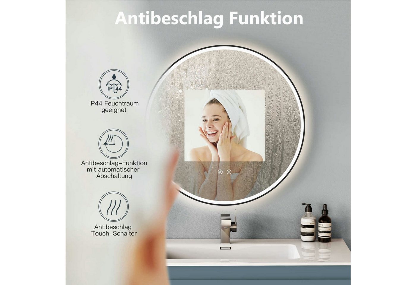 HOKO Badspiegel rund mit Beleuchtung, Anti-Beschlag und Memory-Funktion (60 cm LED-Wandspiegel mit schwarzem Metallrahmen, mit Touch-Schalter, Memory-Funktion und frei wählbaren Lichtfarben), für Bad, Gäste-WC, Schminktisch, Ankleide und Flur, IP44, Salerno Bild 4