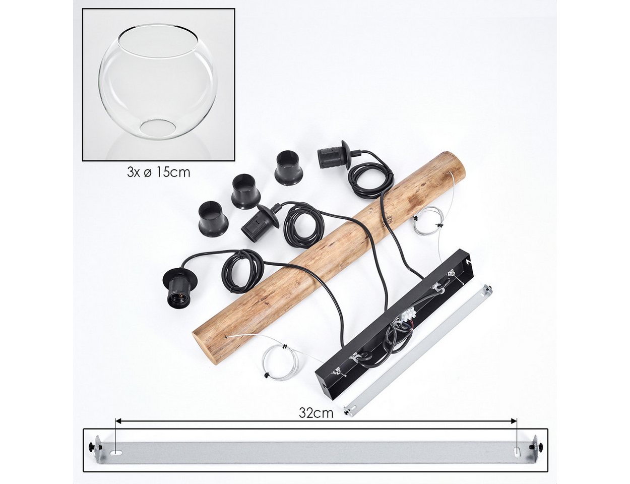 hofstein Pendelleuchte Hängelampe aus Metall/Holz/Glas in Schwarz/Naturfarben/Klar, ohne Leuchtmittel, Hängeleuchte im Boho-Design mit Glasschirmen und Holzbalken, 3 x E27