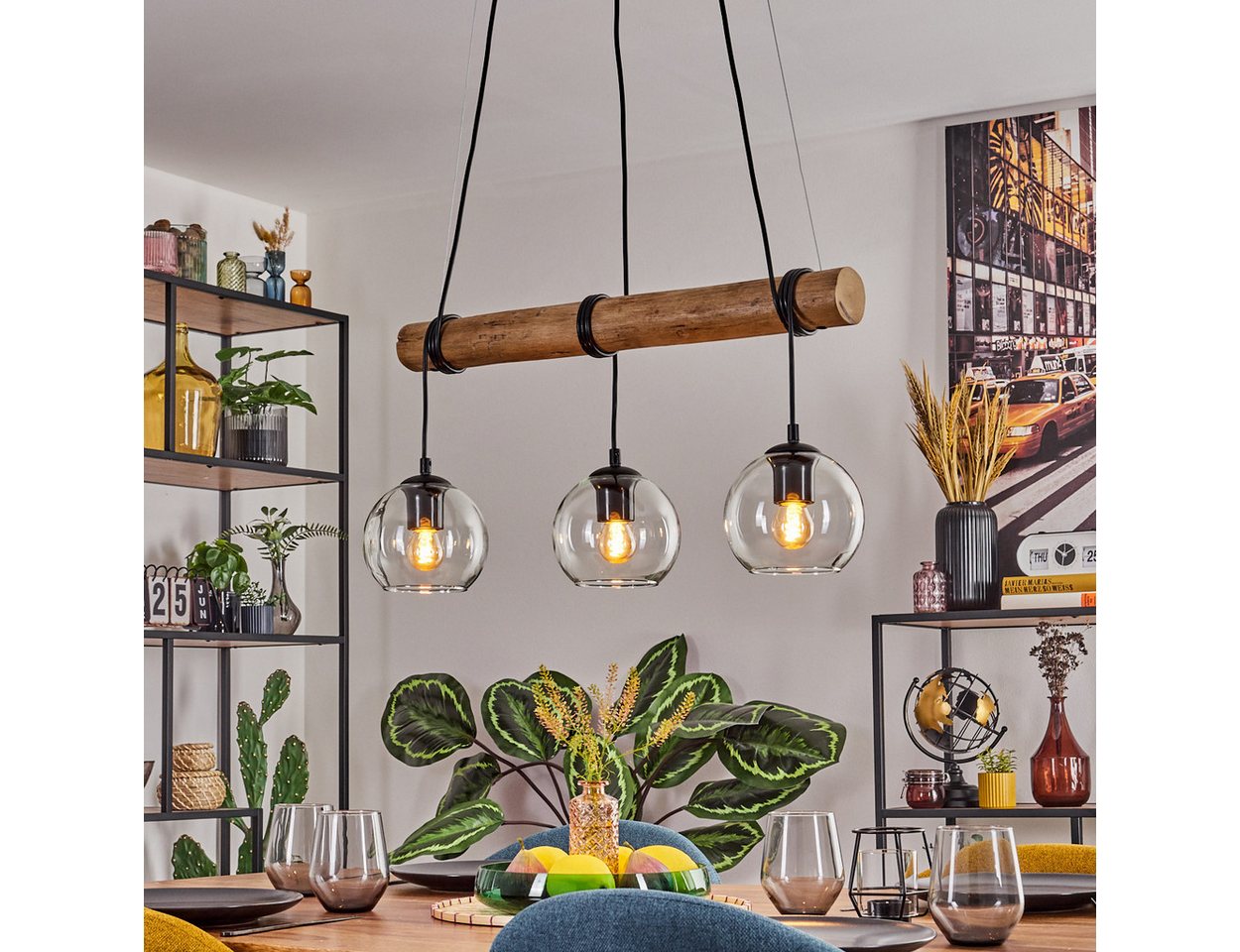hofstein Pendelleuchte Hängelampe aus Metall/Holz/Glas in Schwarz/Naturfarben/Klar, ohne Leuchtmittel, Hängeleuchte im Boho-Design mit Glasschirmen und Holzbalken, 3 x E27 Bild 2