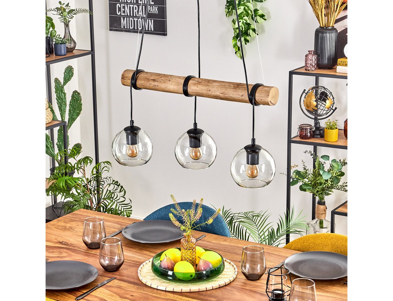 hofstein Pendelleuchte Hängelampe aus Metall/Holz/Glas in Schwarz/Naturfarben/Klar, ohne Leuchtmittel, Hängeleuchte im Boho-Design mit Glasschirmen und Holzbalken, 3 x E27 Bild 4