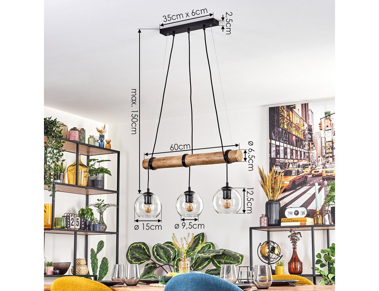 hofstein Pendelleuchte Hängelampe aus Metall/Holz/Glas in Schwarz/Naturfarben/Klar, ohne Leuchtmittel, Hängeleuchte im Boho-Design mit Glasschirmen und Holzbalken, 3 x E27 Bild 5