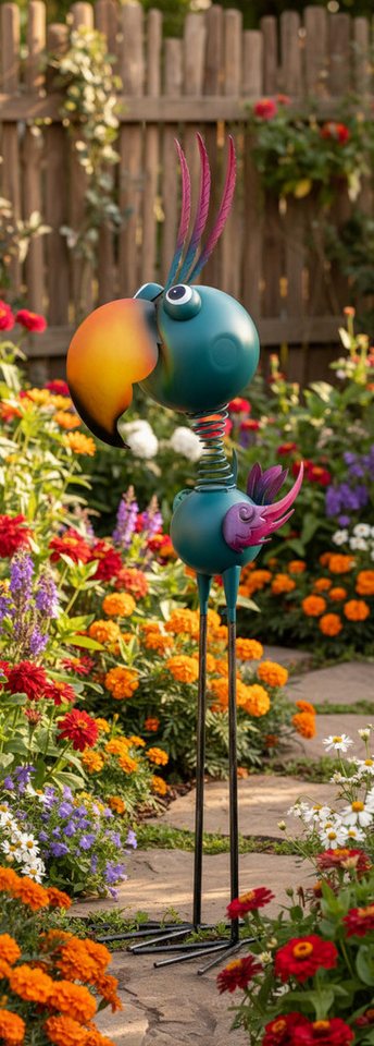 MF Gartenfigur Gartendeko Metall Vogel XL bunt stehend Marivo 129 cm, (1 St)