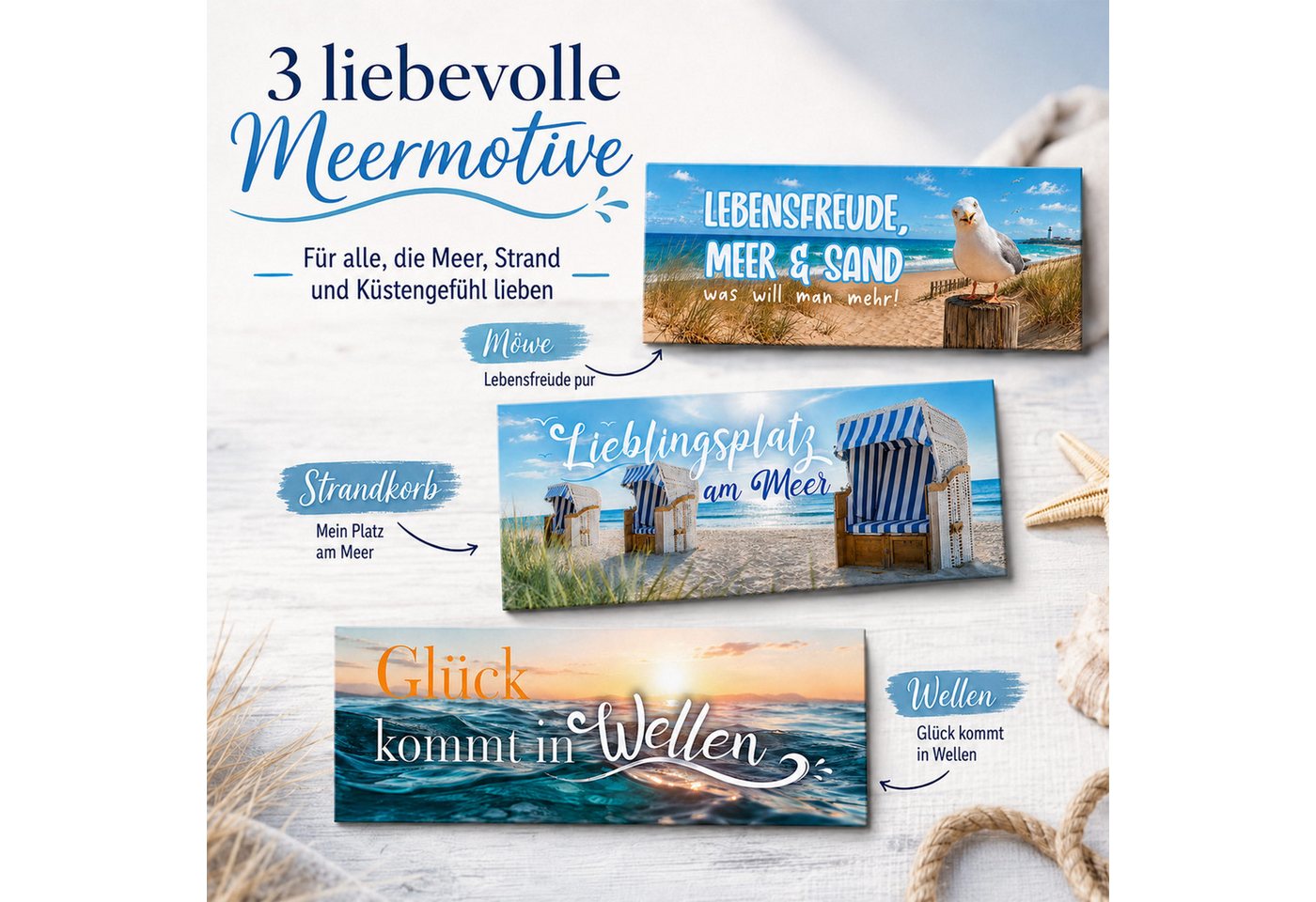 TOBJA Tischkalender Deko-Magnete 3er Set Meer für Tischkalender & Kühlschrank, 3 Magnetstreifen, Sprüche, für Kühlschrank & Tafel, Geschenkidee