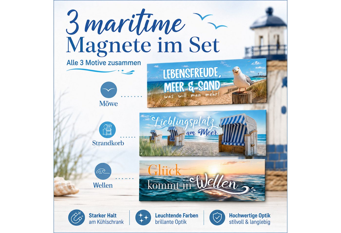 TOBJA Tischkalender Deko-Magnete 3er Set Meer für Tischkalender & Kühlschrank, 3 Magnetstreifen, Sprüche, für Kühlschrank & Tafel, Geschenkidee Bild 2