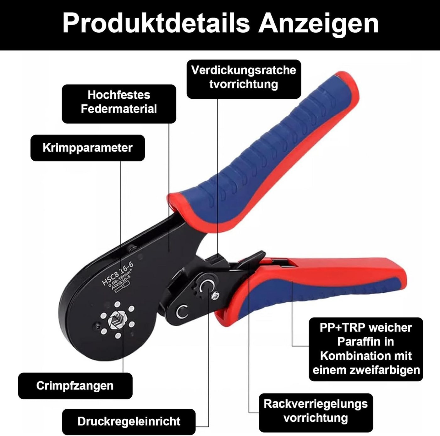 BlingBin Crimpzange Aderendhülsenzange Crimpzangen Aderendhülsen Presszange, 1er Set 1-tlg., Crimpbereich: 0,08–16 mm² (30–16 AWG), Crimpzange für Aderendhülsen Kabelverbinder aus Kohlenstoffstahl Bild 2