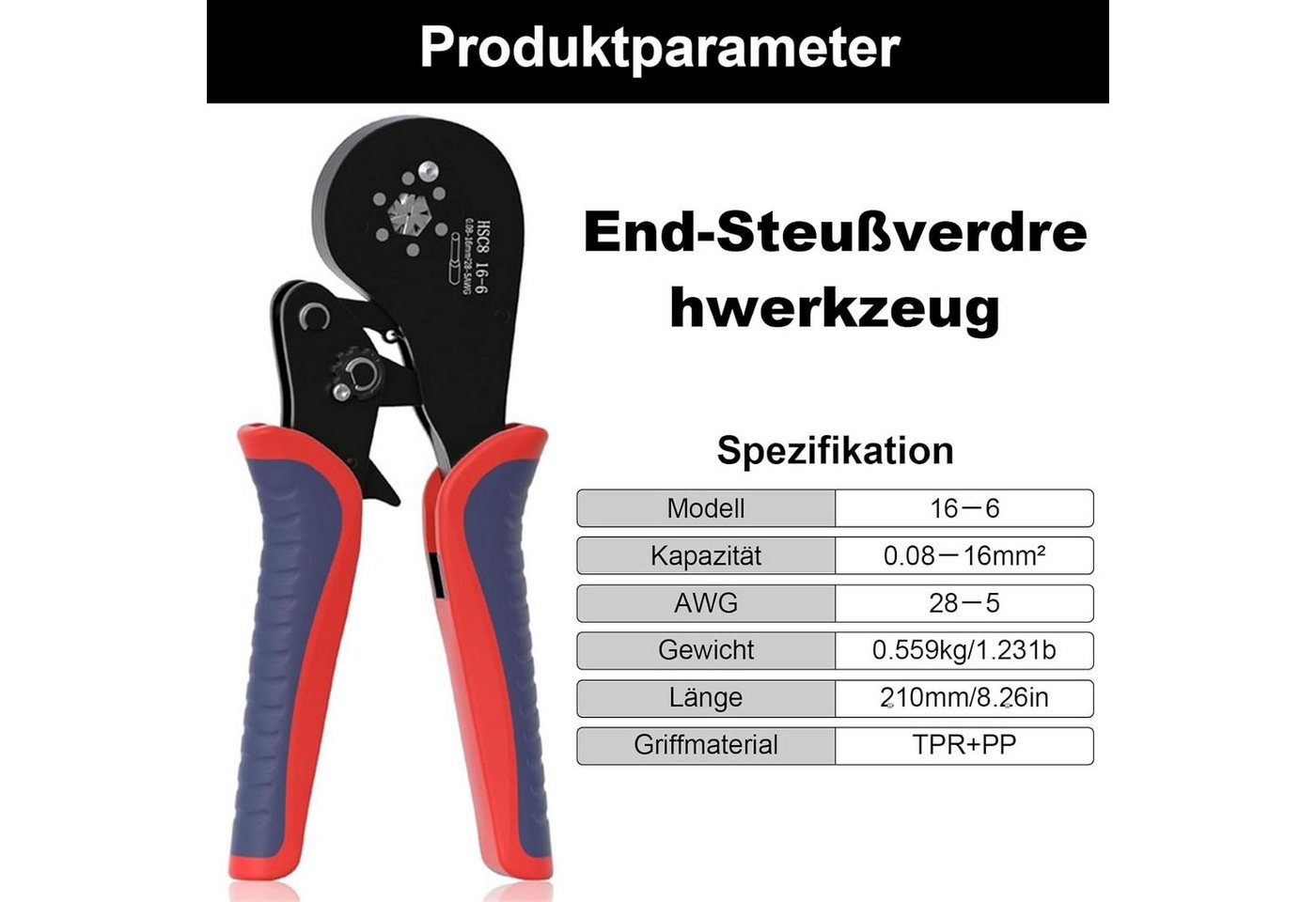 BlingBin Crimpzange Aderendhülsenzange Crimpzangen Aderendhülsen Presszange, 1er Set 1-tlg., Crimpbereich: 0,08–16 mm² (30–16 AWG), Crimpzange für Aderendhülsen Kabelverbinder aus Kohlenstoffstahl Bild 3