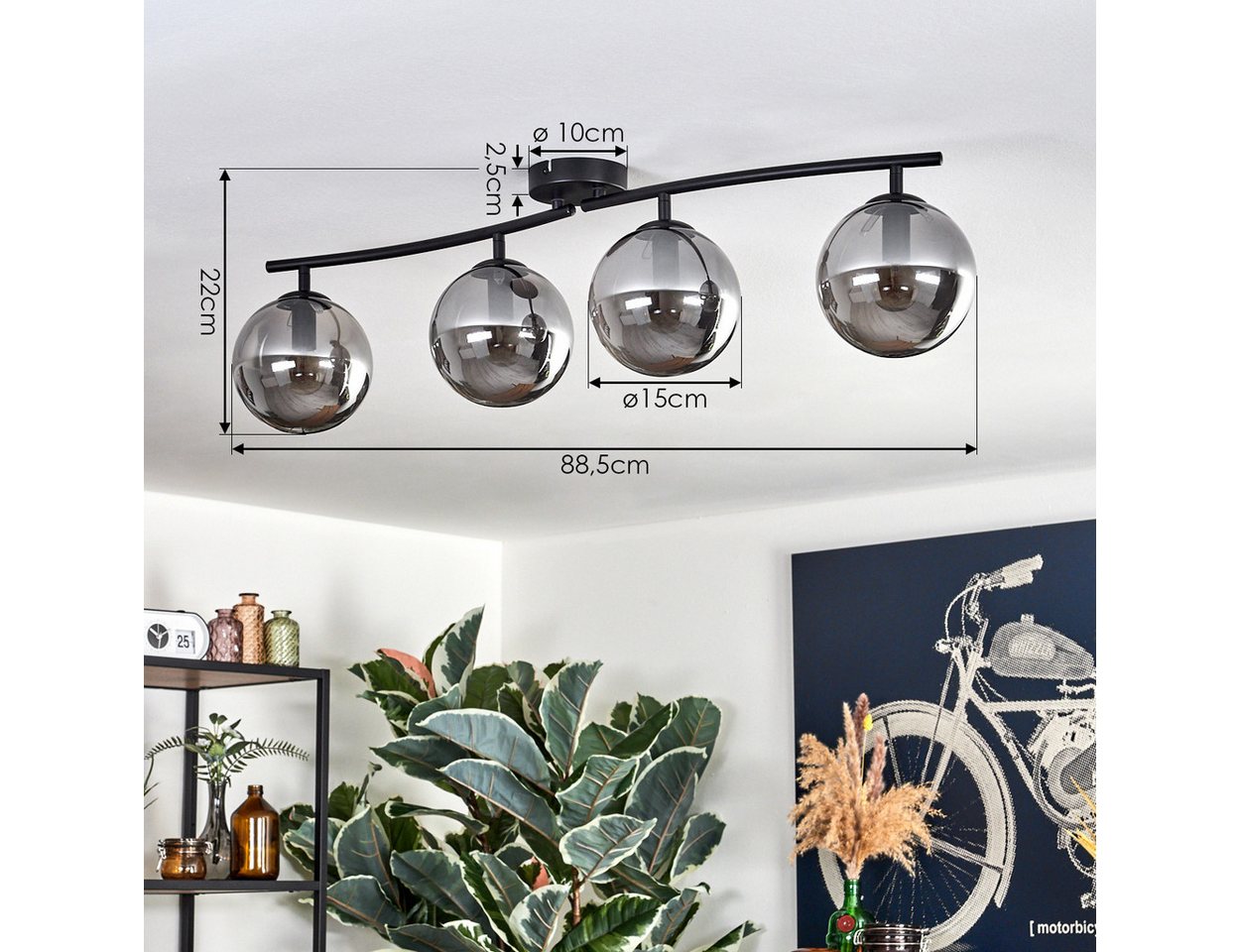 hofstein Deckenleuchte Deckenlampe aus Metall/Glas in Schwarz, ohne Leuchtmittel, Glasschirme (15 cm), 4 x E14, ohne Leuchtmittel