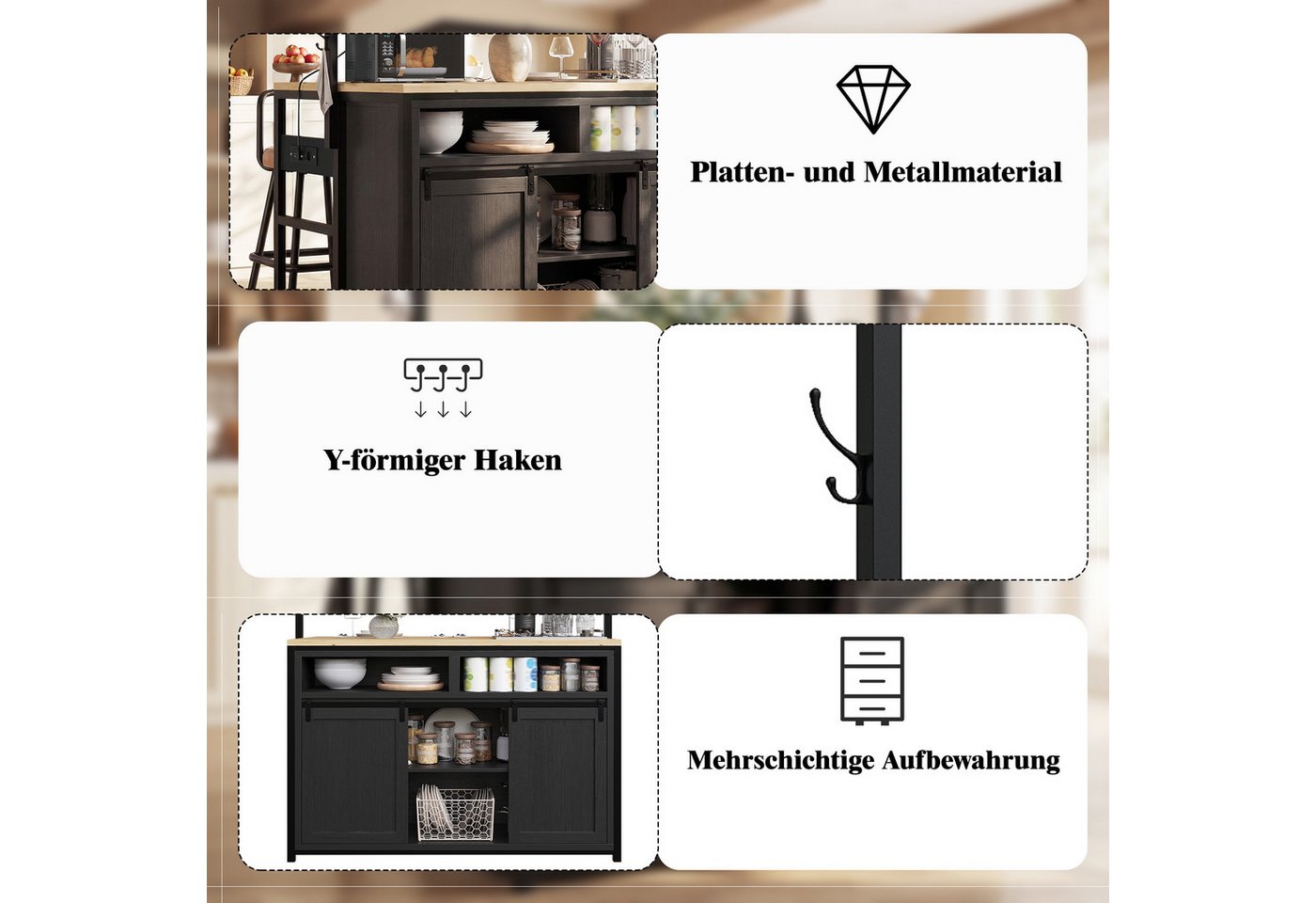i@home Kücheninsel Küchenschrank mit Arbeitsplatte und Steckdose, (Buffetschrank Schiebetüren, Sideboard mit Hängeregal), Hochschrank 2 USB Stauraum für Küche und Esszimmer, 183 cm