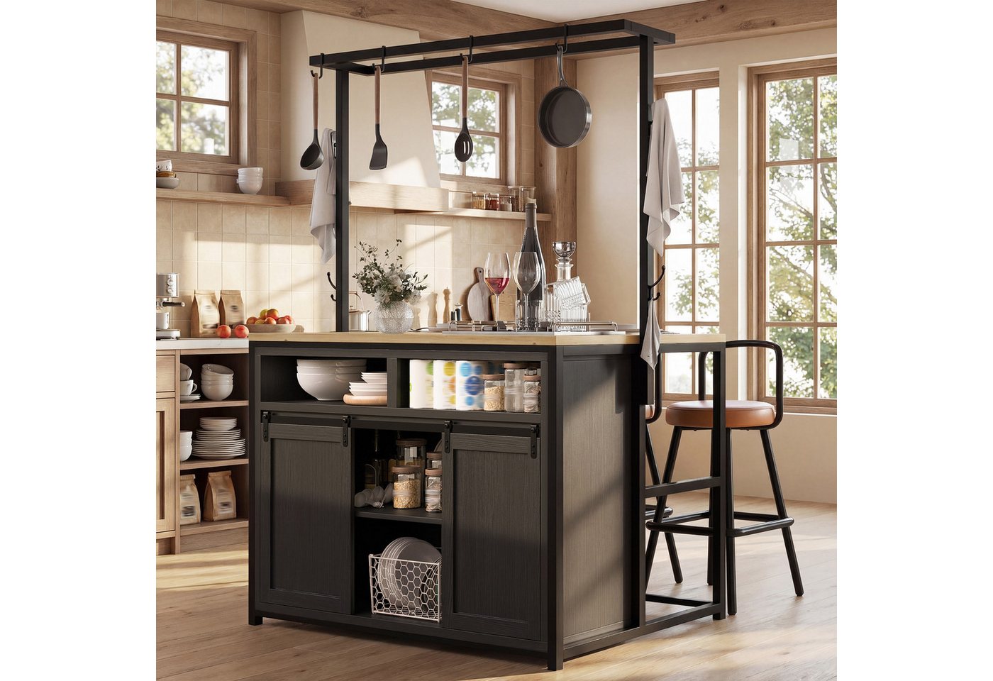 i@home Kücheninsel Küchenschrank mit Arbeitsplatte und Steckdose, (Buffetschrank Schiebetüren, Sideboard mit Hängeregal), Hochschrank 2 USB Stauraum für Küche und Esszimmer, 183 cm Bild 3