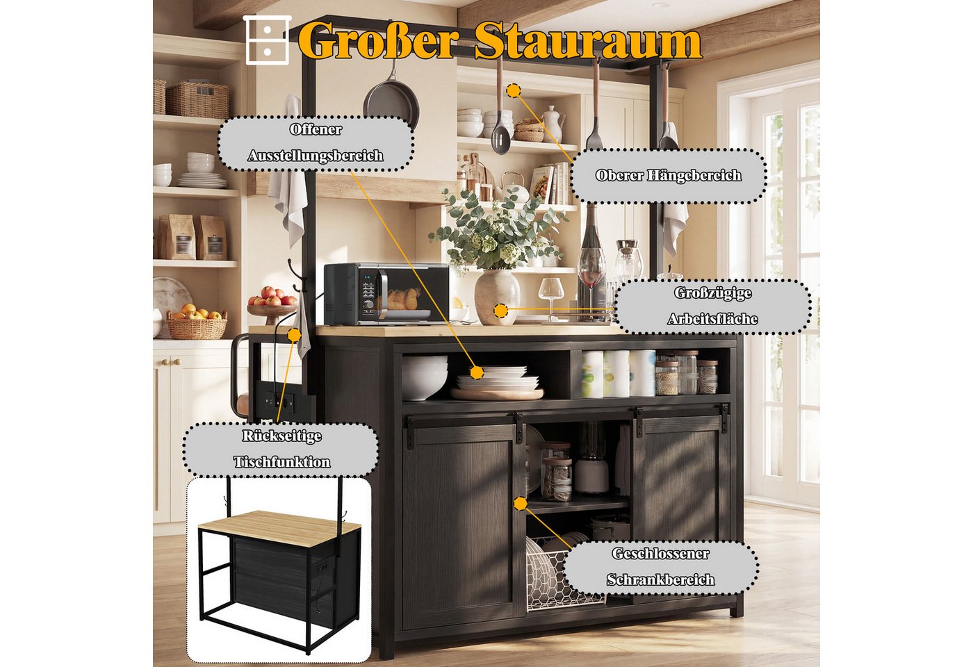 i@home Kücheninsel Küchenschrank mit Arbeitsplatte und Steckdose, (Buffetschrank Schiebetüren, Sideboard mit Hängeregal), Hochschrank 2 USB Stauraum für Küche und Esszimmer, 183 cm Bild 5