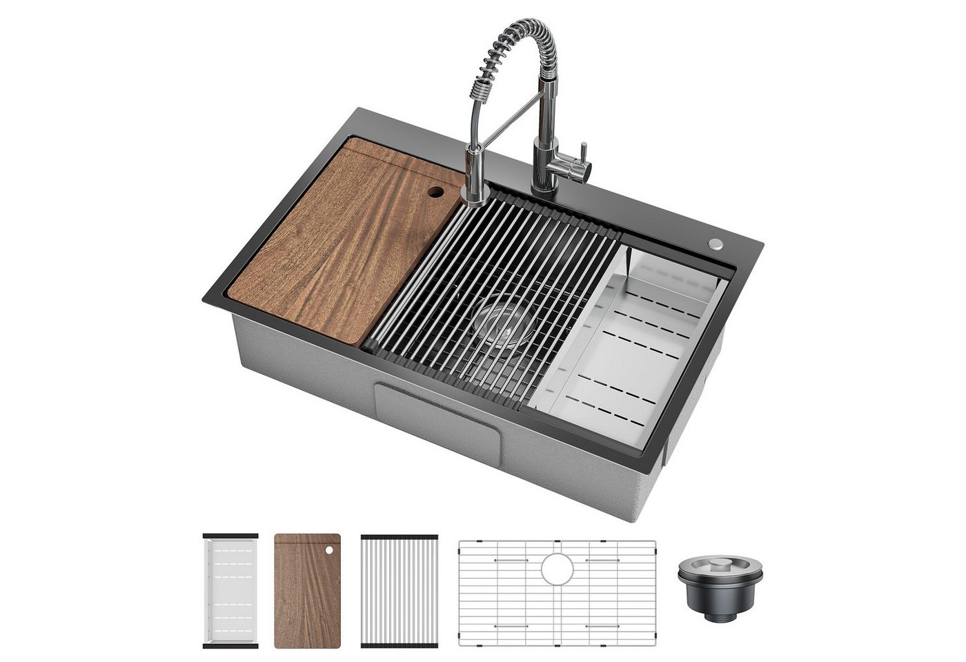 GarveeMore Küchenspüle Aufsatz‑Einbecken aus 304‑Edelstahl 16G, mit Ausziehhahn & Zubehör, schalldämpfend, für Küche‑Hauswirtschaftsraum, Spüle mit Ausziehhahn