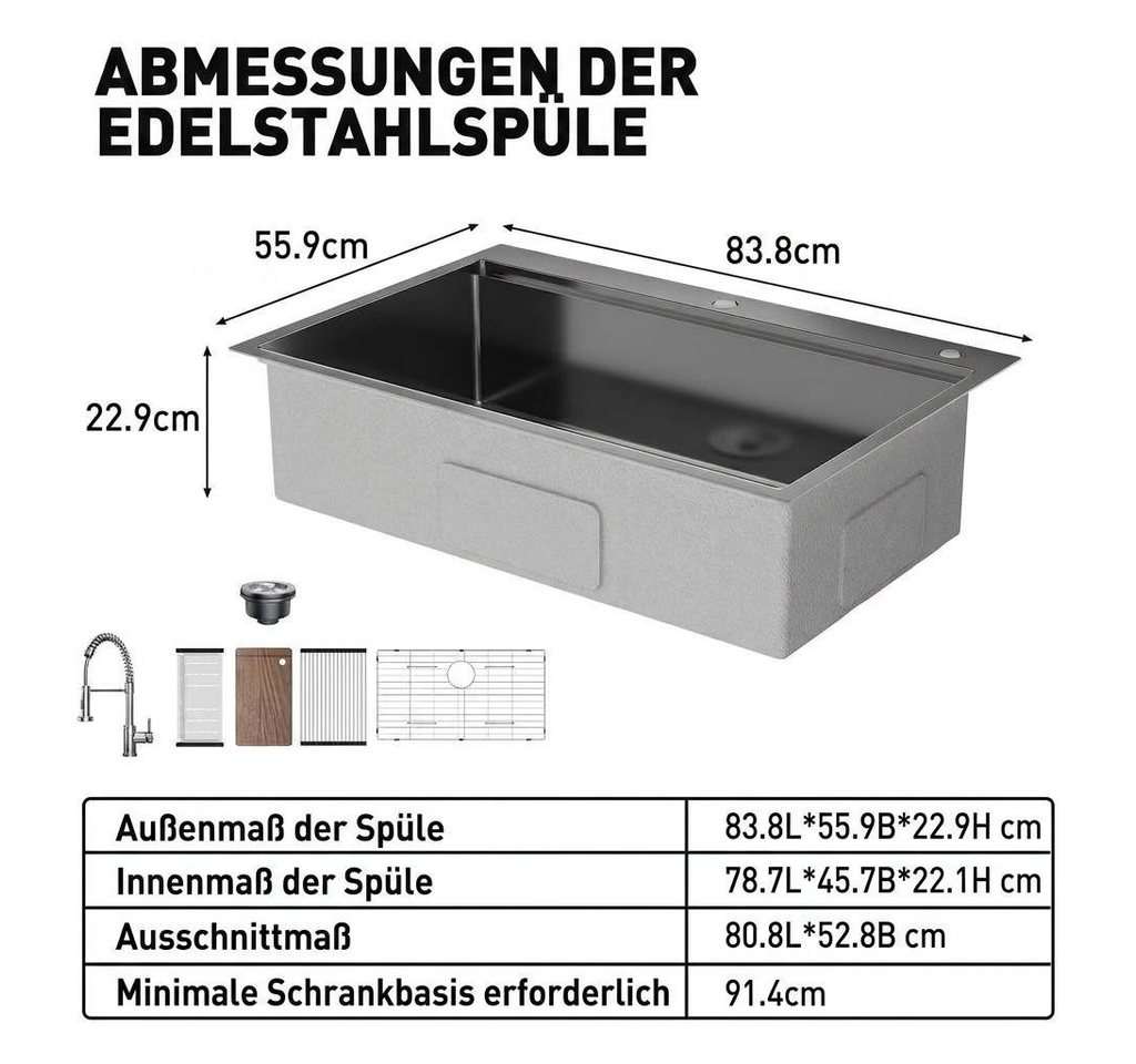 GarveeMore Küchenspüle Aufsatz‑Einbecken aus 304‑Edelstahl 16G, mit Ausziehhahn & Zubehör, schalldämpfend, für Küche‑Hauswirtschaftsraum, Spüle mit Ausziehhahn Bild 2