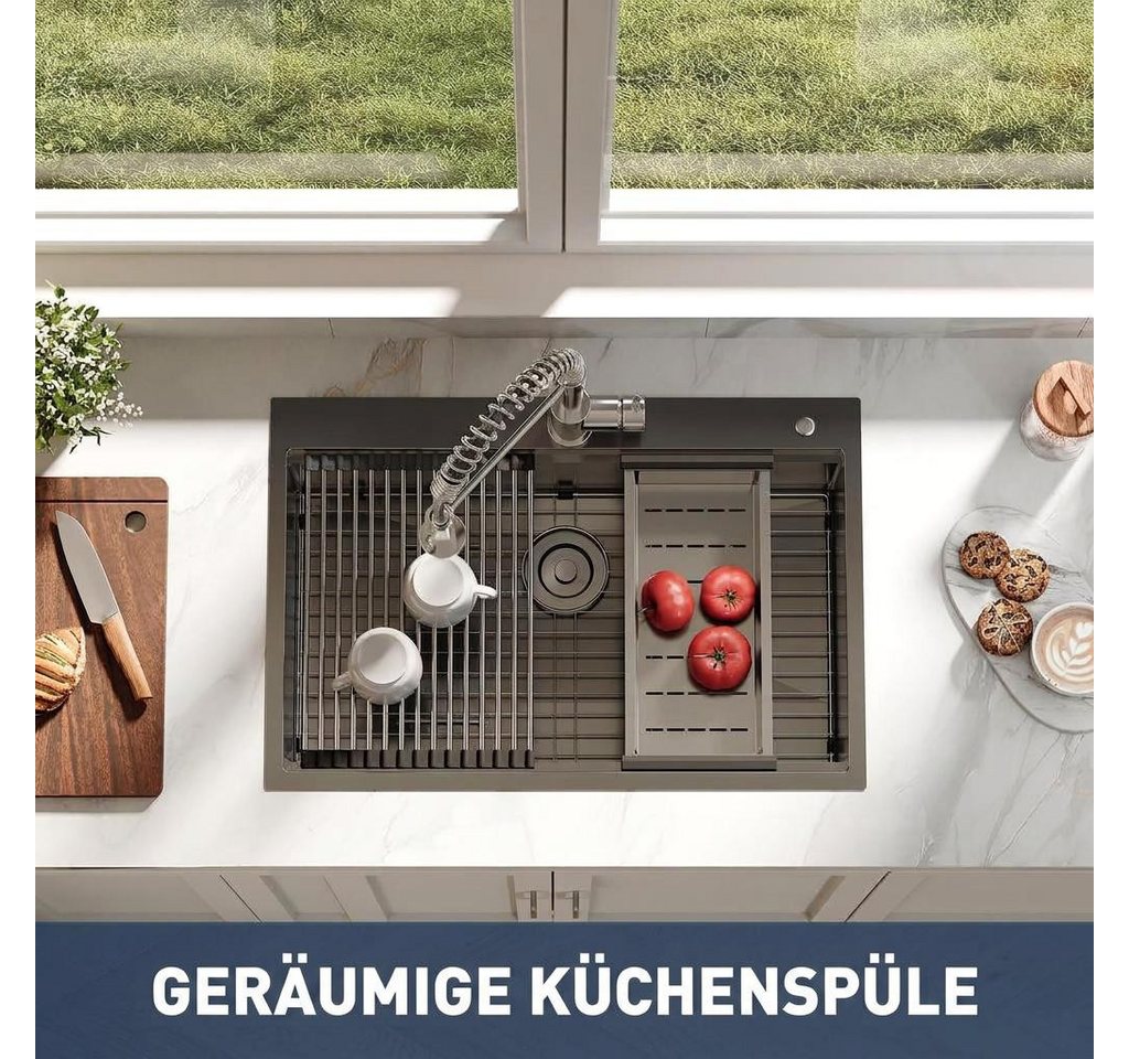 GarveeMore Küchenspüle Aufsatz‑Einbecken aus 304‑Edelstahl 16G, mit Ausziehhahn & Zubehör, schalldämpfend, für Küche‑Hauswirtschaftsraum, Spüle mit Ausziehhahn Bild 3