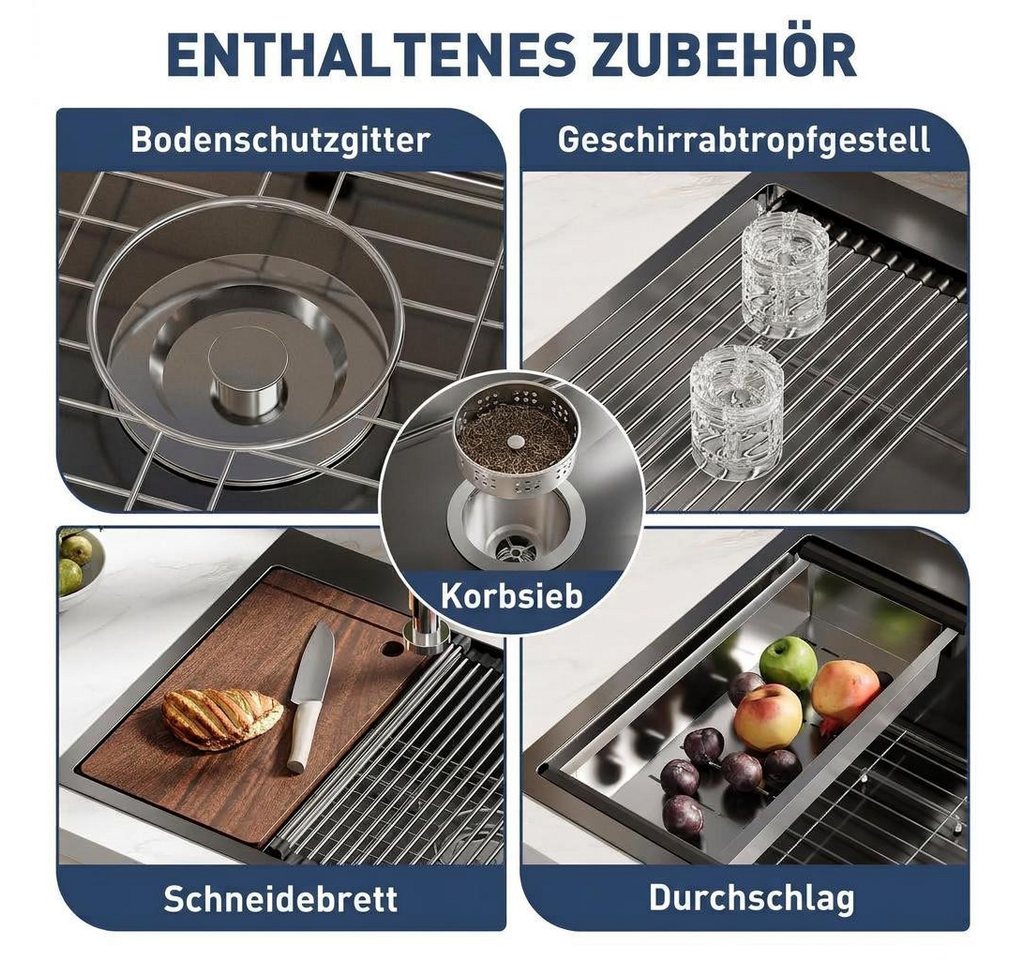 GarveeMore Küchenspüle Aufsatz‑Einbecken aus 304‑Edelstahl 16G, mit Ausziehhahn & Zubehör, schalldämpfend, für Küche‑Hauswirtschaftsraum, Spüle mit Ausziehhahn Bild 4