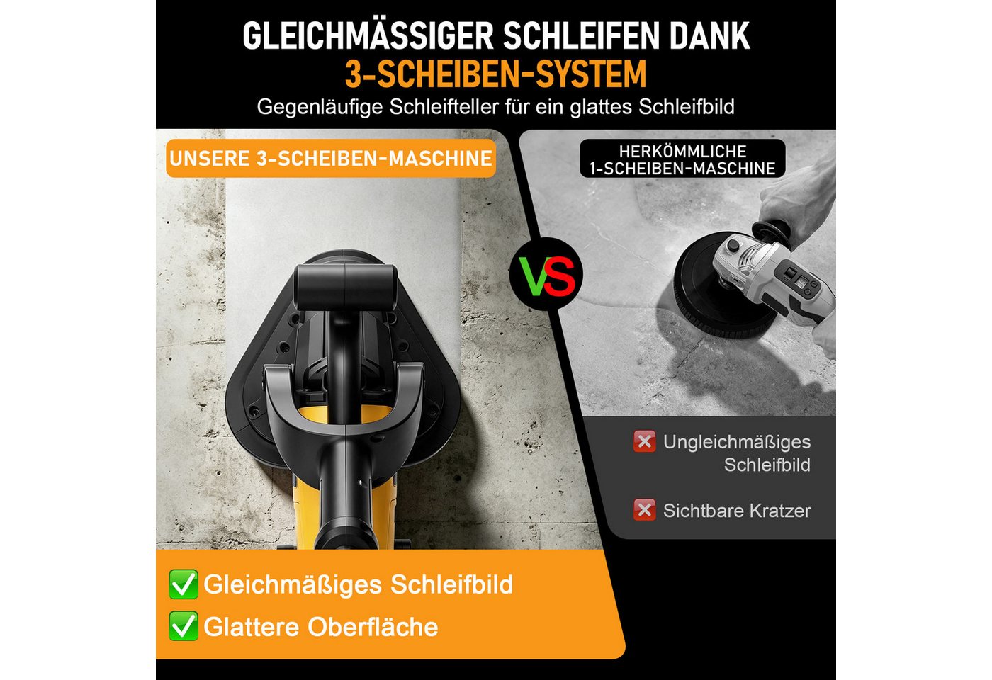 XIIW Winkelschleifer 3800W Betonschleifer 3 Köpfe Betonfräse Putzfräse Sanierungsfräse, (Set, 17 tlg., Langer Griff, Ø105mm Diamantschleiftopf, 6-Gang, Absaughaube), Nass- und Trockenschliff für Flächen, Kanten