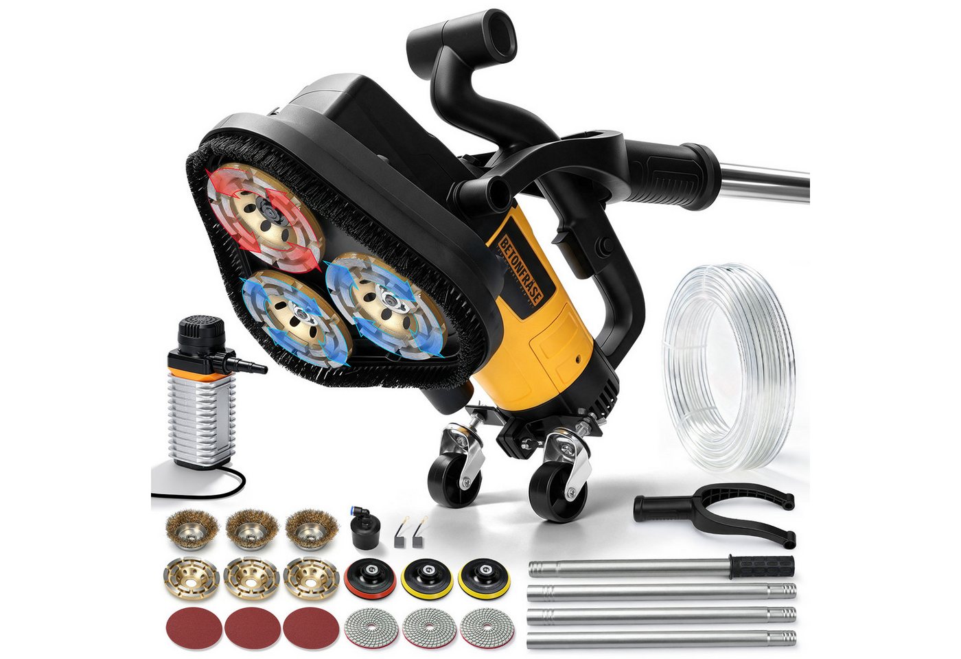 XIIW Winkelschleifer 3800W Betonschleifer 3 Köpfe Betonfräse Putzfräse Sanierungsfräse, (Set, 17 tlg., Langer Griff, Ø105mm Diamantschleiftopf, 6-Gang, Absaughaube), Nass- und Trockenschliff für Flächen, Kanten Bild 2