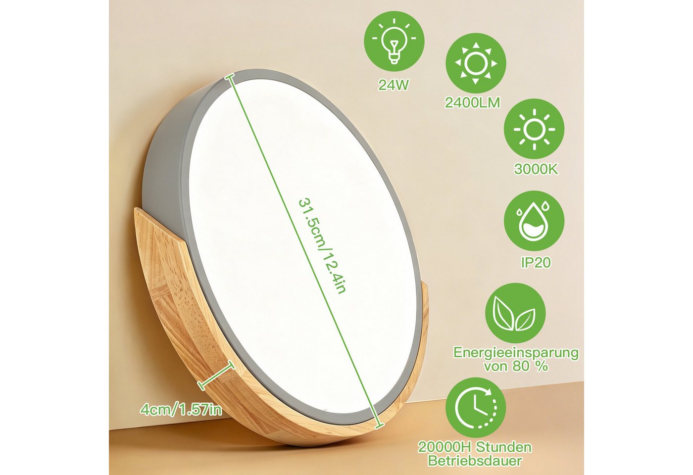 Kimjo Deckenleuchte runde LED-Deckenlampe, Ø30cm ultradünn für alle Wohnräume, LED fest integriert, Warmweiß, LED-Panel mit Holzoptik & grauem Rahmen, 24 W, 3000 K