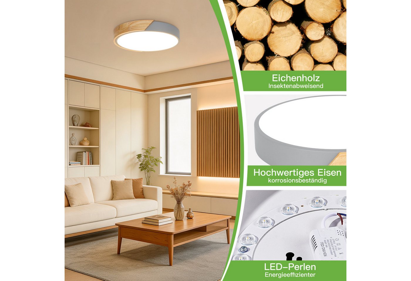 Kimjo Deckenleuchte runde LED-Deckenlampe, Ø30cm ultradünn für alle Wohnräume, LED fest integriert, Warmweiß, LED-Panel mit Holzoptik & grauem Rahmen, 24 W, 3000 K Bild 2