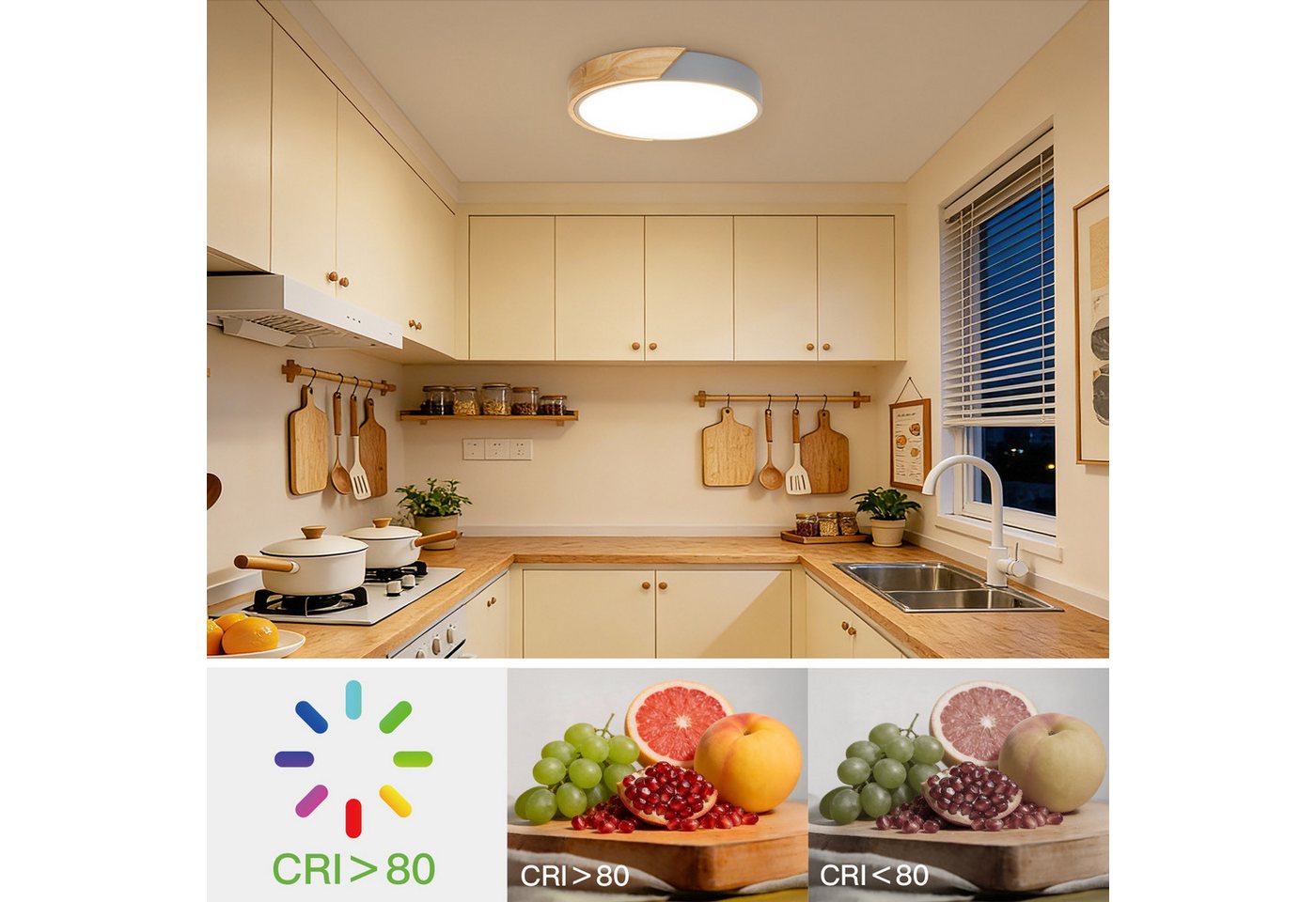 Kimjo Deckenleuchte runde LED-Deckenlampe, Ø30cm ultradünn für alle Wohnräume, LED fest integriert, Warmweiß, LED-Panel mit Holzoptik & grauem Rahmen, 24 W, 3000 K Bild 3