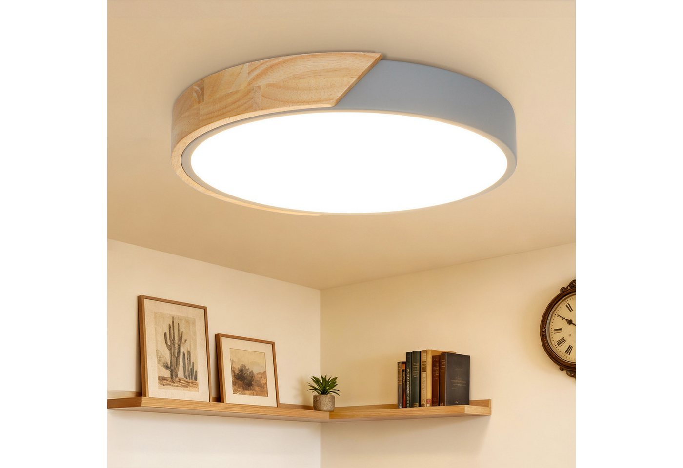 Kimjo Deckenleuchte runde LED-Deckenlampe, Ø30cm ultradünn für alle Wohnräume, LED fest integriert, Warmweiß, LED-Panel mit Holzoptik & grauem Rahmen, 24 W, 3000 K Bild 4