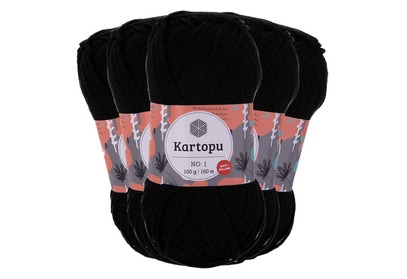 maDDma 5 x 100g Strickwolle Kartopu NO:1 Polyacryl-Wolle Anti Pilling Effekt Häkelwolle, 800 m (Sparpaket), K940 schwarz