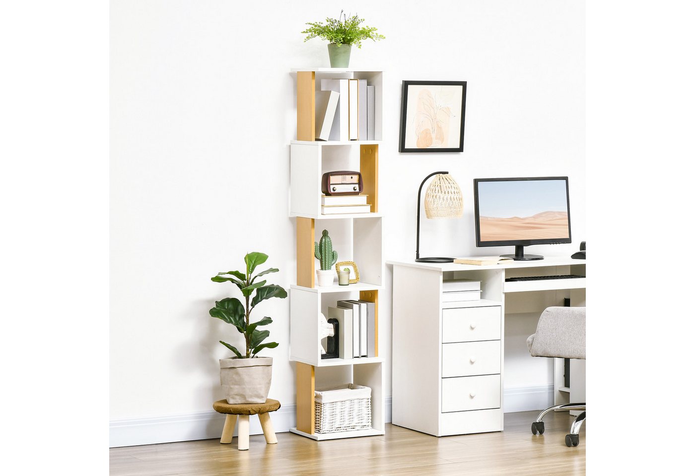 MC Star Bücherregal S-förmiges Bücherregal mit 5 Ablagen für Wohnzimmer, oder Büro, 33 x 28 x 161 cm, Weiß
