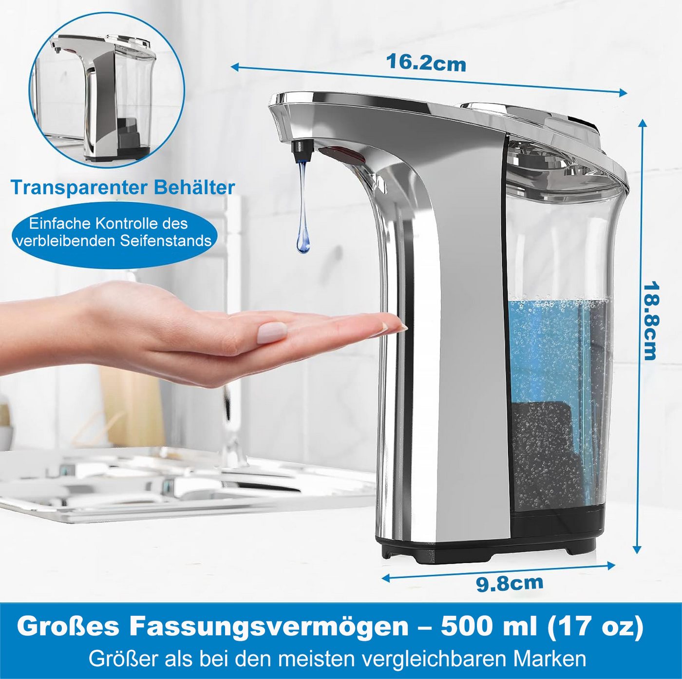 Futicare Seifenspender Automatischer Seifenspender mit Infrarotsensor – 500 ml, (5 Stufen einstellbar, berührungslos & IPX5-wasserdicht)