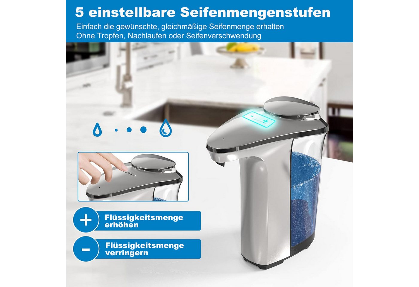 Futicare Seifenspender Automatischer Seifenspender mit Infrarotsensor – 500 ml, (5 Stufen einstellbar, berührungslos & IPX5-wasserdicht) Bild 3