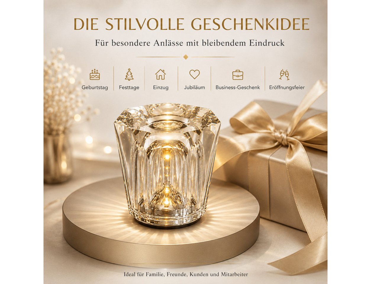 Fyrove Nachttischlampe Kristall Tischlampe Nachtlicht, Echtes Kristall Stimmungslicht, mit 3 Helligkeitsstufen, Akku LED Ambiente Lampe, Warmweißes Dekolicht für Schlafzimmer Wohnzimmer, Valentinstagsgeschenk Weihnachtsgeschenk Geburtstagsgeschenk