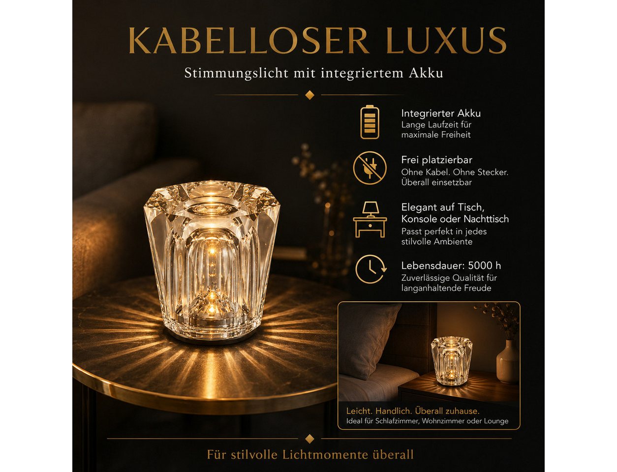 Fyrove Nachttischlampe Kristall Tischlampe Nachtlicht, Echtes Kristall Stimmungslicht, mit 3 Helligkeitsstufen, Akku LED Ambiente Lampe, Warmweißes Dekolicht für Schlafzimmer Wohnzimmer, Valentinstagsgeschenk Weihnachtsgeschenk Geburtstagsgeschenk Bild 3
