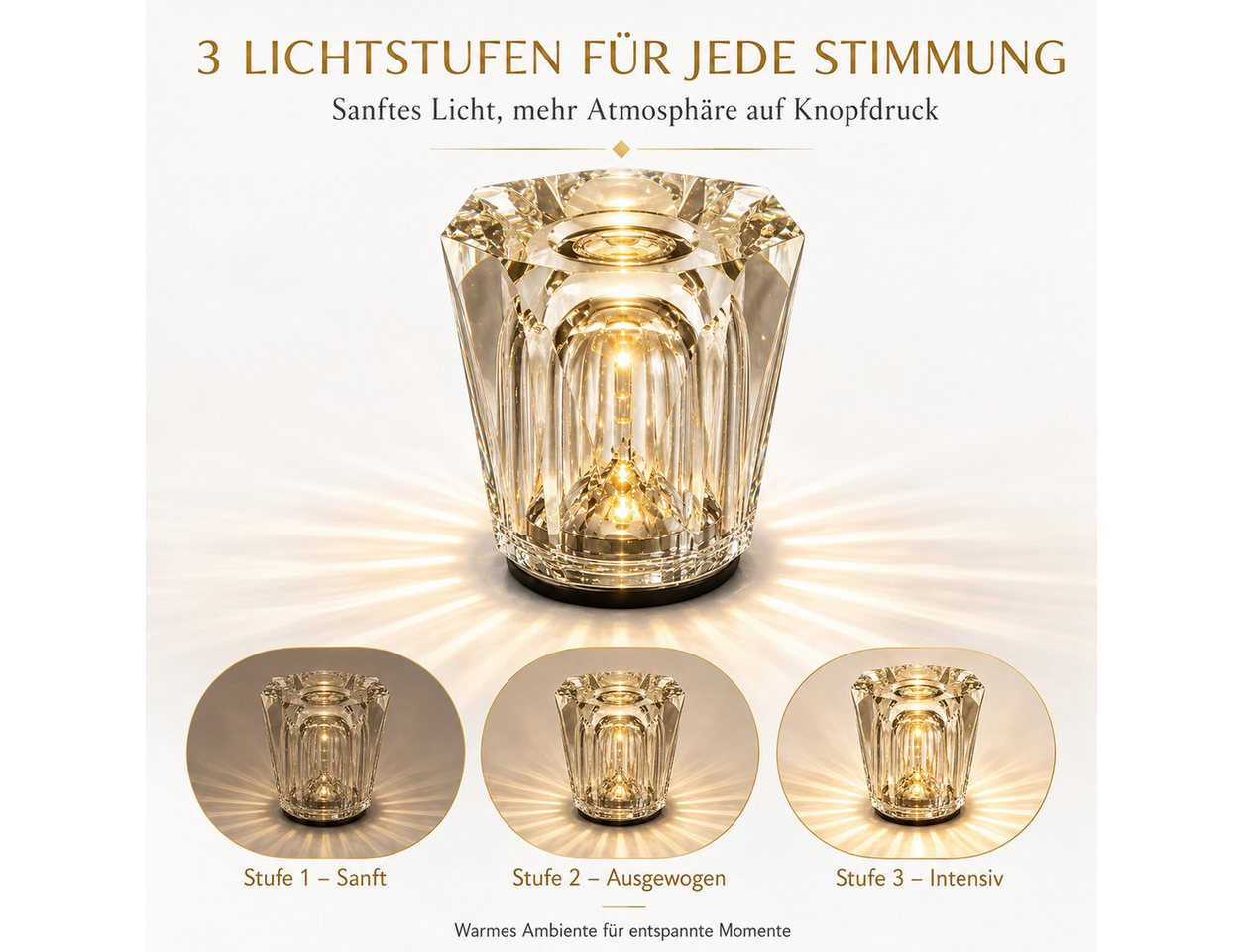 Fyrove Nachttischlampe Kristall Tischlampe Nachtlicht, Echtes Kristall Stimmungslicht, mit 3 Helligkeitsstufen, Akku LED Ambiente Lampe, Warmweißes Dekolicht für Schlafzimmer Wohnzimmer, Valentinstagsgeschenk Weihnachtsgeschenk Geburtstagsgeschenk Bild 5