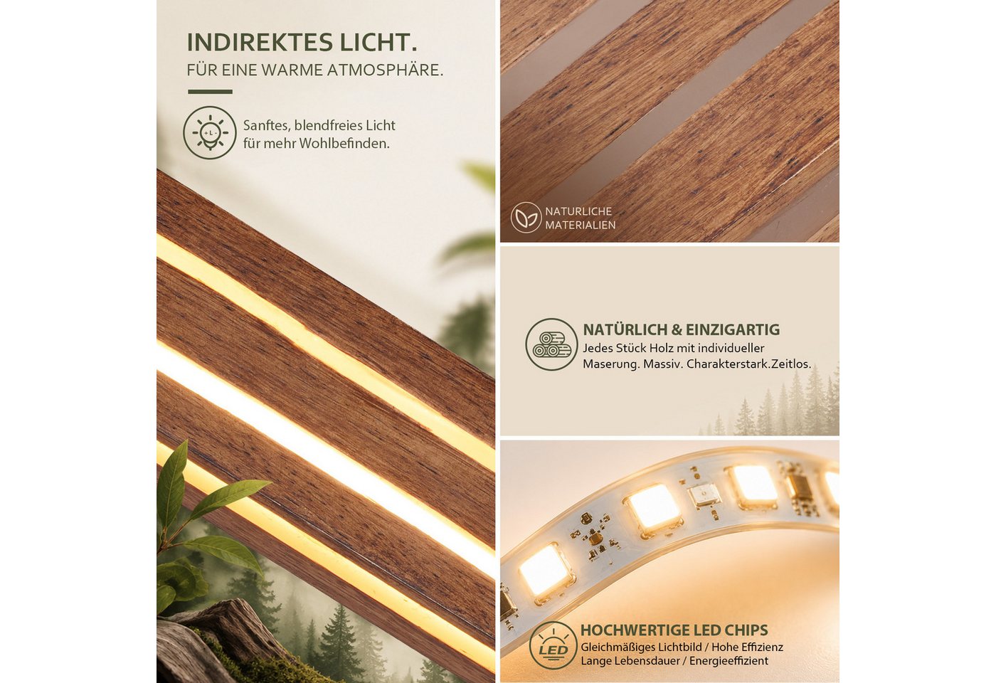 Nettlife Wandleuchte Innen Holz 50/100cm LED Wandlampe 8/16W vintage Indirektes Licht, LED fest integriert, warmweiß, für Wohnzimmer Schlafzimmer Stimmungsvolle Flur Treppenhaus