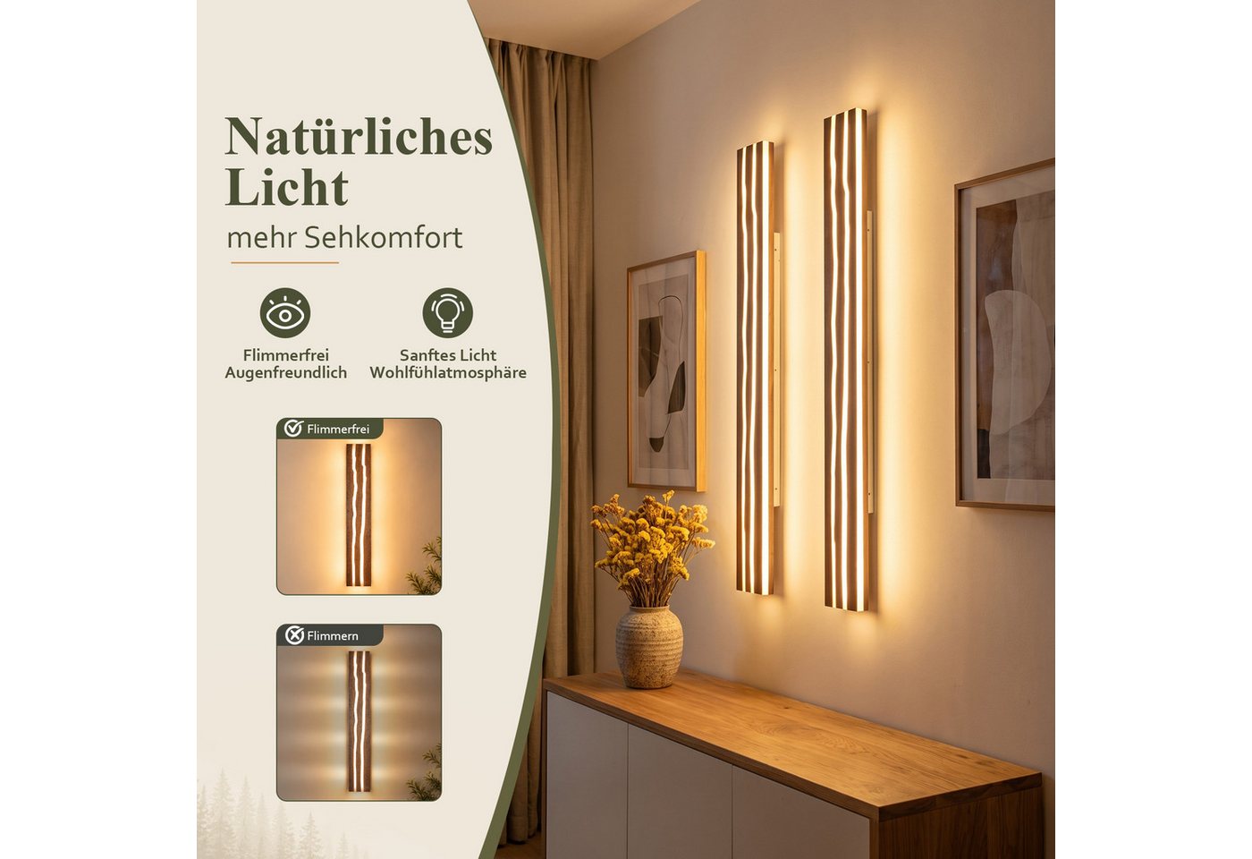 Nettlife Wandleuchte Innen Holz 50/100cm LED Wandlampe 8/16W vintage Indirektes Licht, LED fest integriert, warmweiß, für Wohnzimmer Schlafzimmer Stimmungsvolle Flur Treppenhaus Bild 2