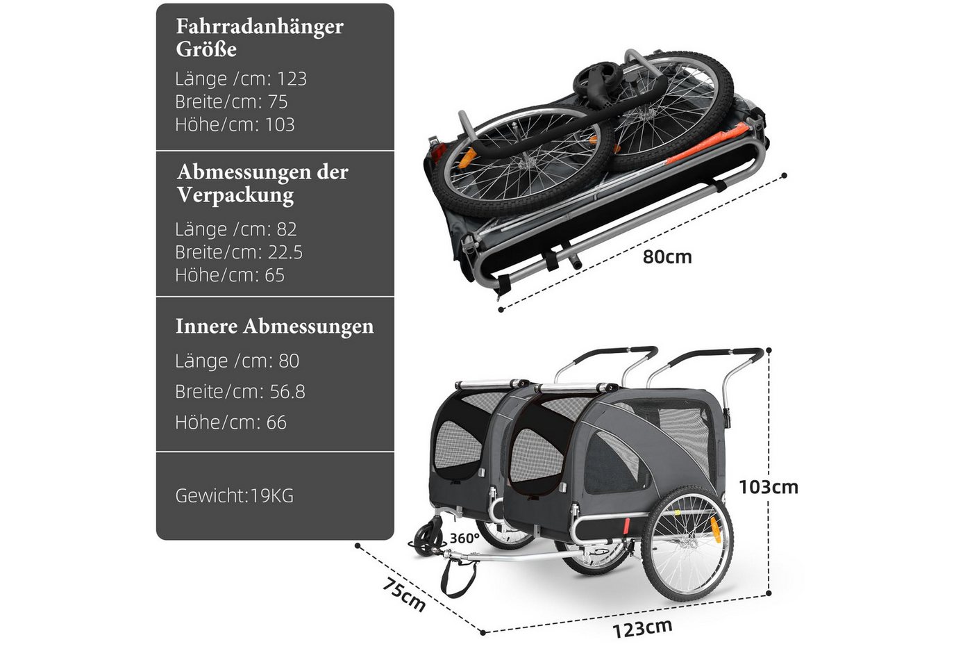 Fiximaster Fahrradhundeanhänger 2-in-1, Reflektoren und stabilem 600D Oxford-Gewebe, Orange, mit Handbremse und Reflektoren, Faltbares Design Bild 5