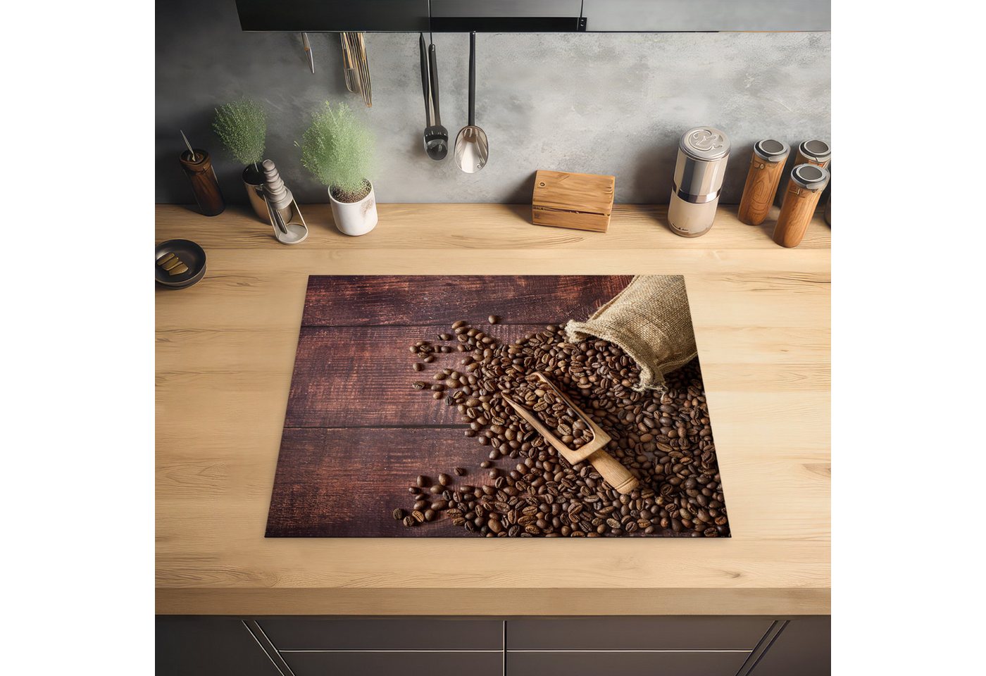 MuchoWow Herd-Abdeckplatte Kaffee - Kaffeebohnen - Braun - Holz, Vinyl, (1 tlg), Abdeckung Induktionskochfeld Schutzmatte, Küche Deko, 65x52 cm Bild 3