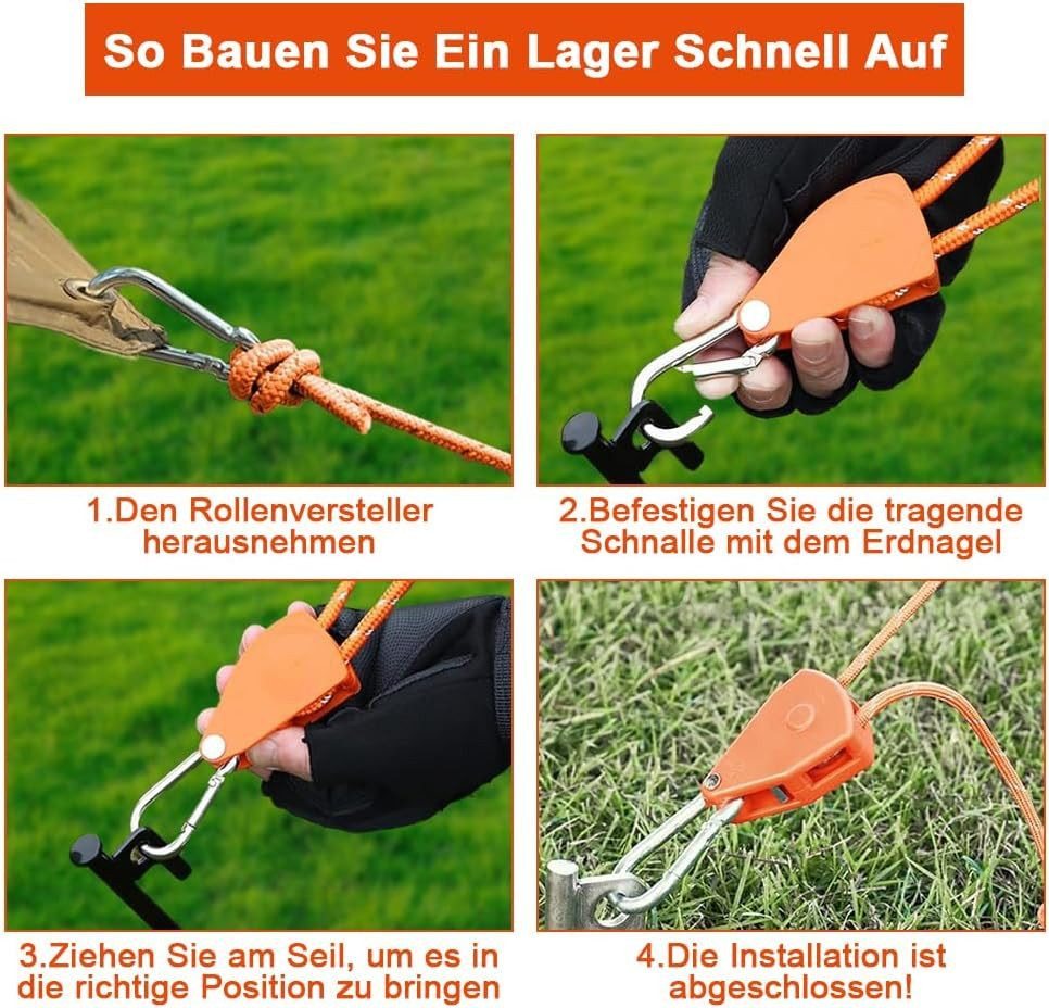 FELIXLEO Abschleppseil 4 STK 4mm Abspannseile 4m mit Seilspanner Reflektierend Orange (8-tlg) Bild 3